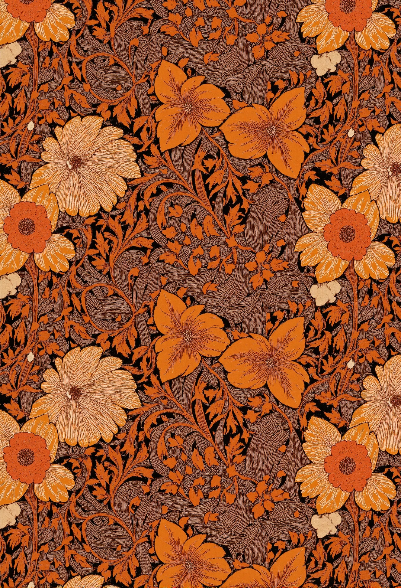 This image is a detailed, high-resolution photograph of a patterned fabric featuring a vintage, ornate floral design. The fabric showcases a repeating pattern of large, stylized flowers, primarily in shades of warm orange, peach, and brown, against a dark brown background. The flowers, resembling lilies or similar large blooms, are intricately detailed with swirling, curvy petals that have intricate, hand-drawn lines giving them a textured, almost three-dimensional appearance. 

The flowers are interspersed with smaller, simpler flowers and leaves in various shades of orange, peach, and brown, adding depth and variety to the pattern. Delicate, stylized leaves with wavy edges and veins are woven throughout, contributing to the intricate, almost Art Nouveau style of the design.