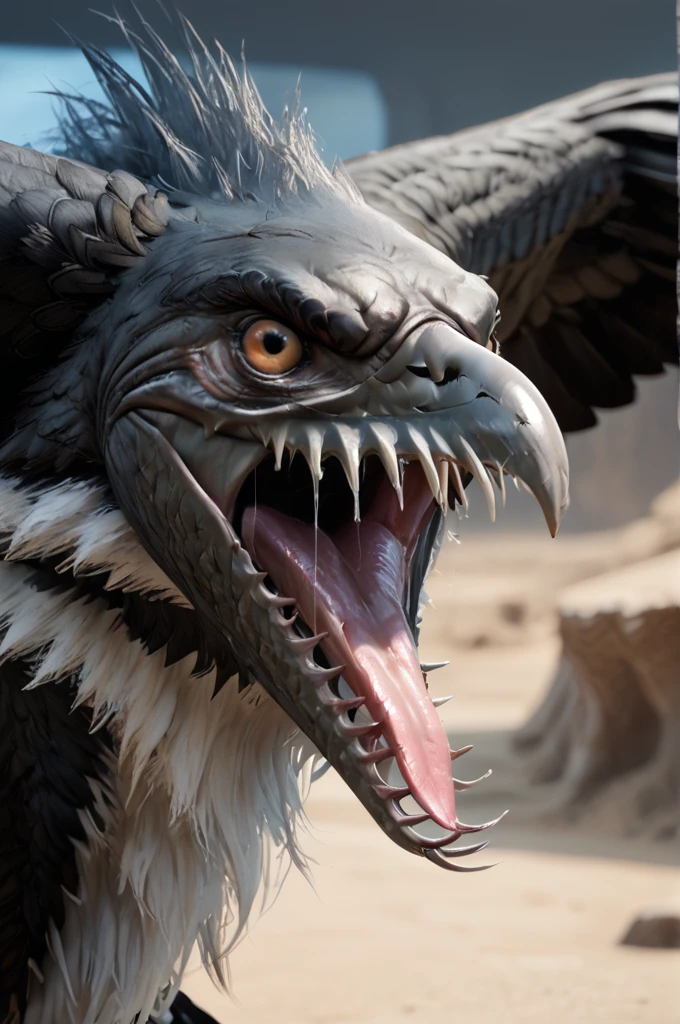 source_furry, score_9, score_8_up, score_7_up, (zuu_xv, monster, giant bird), black feathers, detailed feathers, white fur, detailed fur, sharp teeth, head wings, long neck, claws, tail, wings, feathered wings, <lora:FF_ZuuPony08:0.8>, outdoors, desert, close up view from head, tongue out, saliva, angry, roaring, zPDXL2, zPDXLpg, zPDXLrl, shaded, best quality, highly detailed, extreme detail, photorealistic