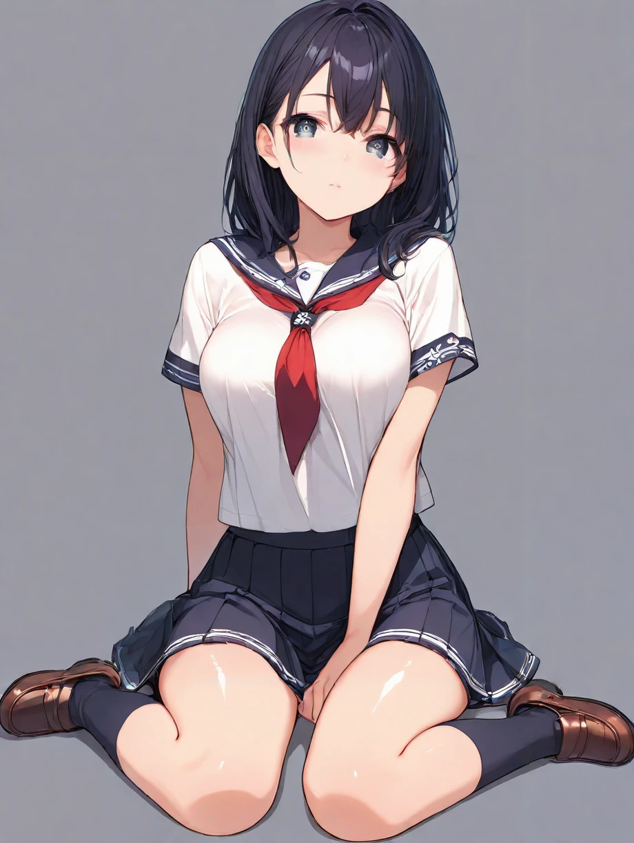 (masterpiece,ultra-detailed,best quality,8K,CG:1),illustration,(cute face,clean skin ,shiny hair,ultra-detailed-eyes:1),solo,1girl,(simple background:1.0), <lora:JCF_illustrious_V1.0:0.7> jcf,school uniform,shirt, skirt,scoks,shoes