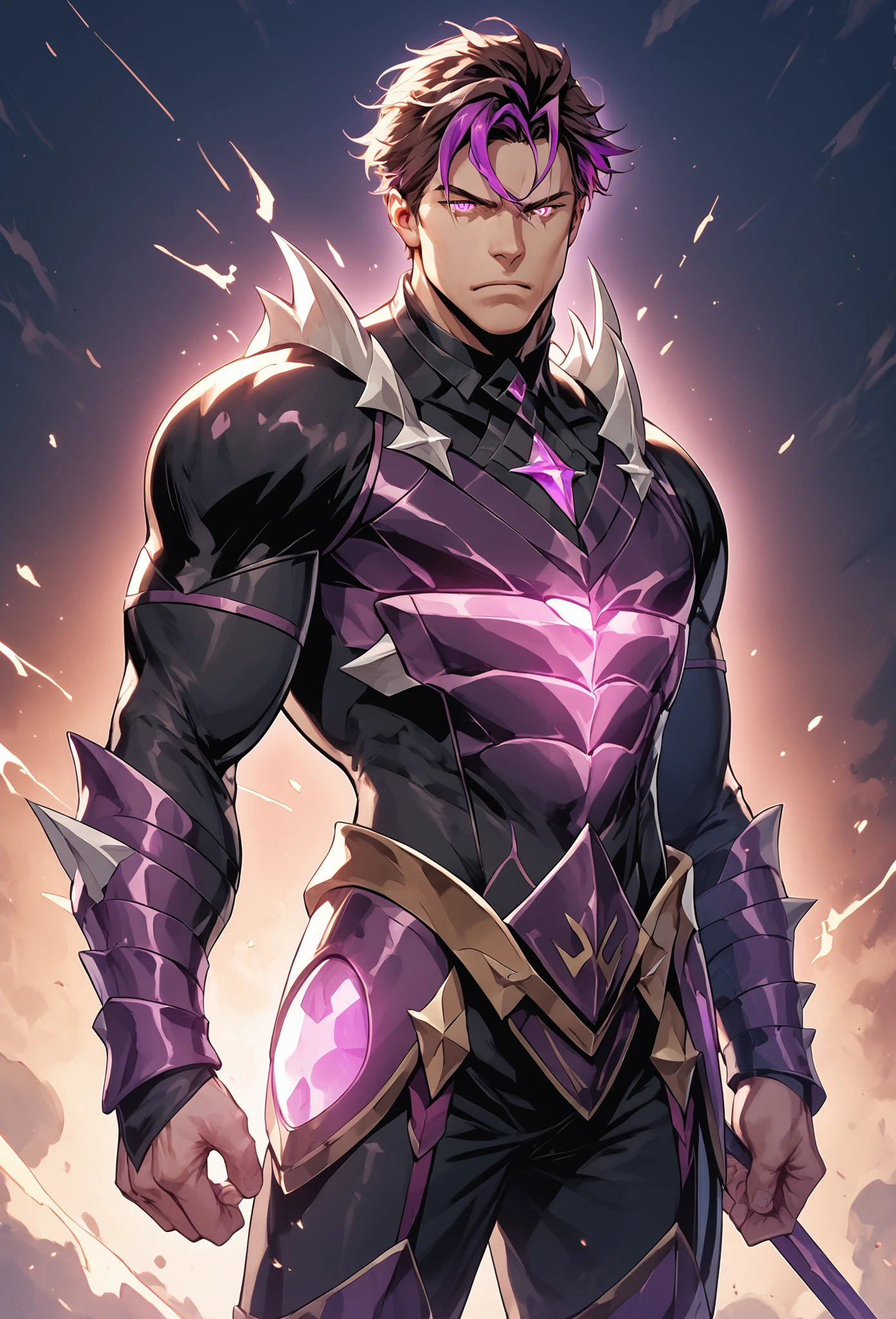 score_9, score_8_up, score_7_up, score_6_up, score_5_up, score_4_up, zPDXL3, 1boy, solo, western comic style, standing, Kayron, spiked shoulders, short brown hair, pale skin, purple eyes, muscular, black armor, glowing purple armor sigils, muscular, lineart, flat color, (floating, midair), dark sky background with purple highlights, masculine, volumetric lighting, shadows, dynamic lighting  <lora:MGS_V2_Pony:0.5> <lora:Rob_Liefeld_Chad_Bowers_And_Associated_Artists_Marvels_Deadpool_Badder_Blood_1-5_Artstyle_Blend_PonyXL:0.5> <lora:Bara_Niji_Style_for_Pony:0.15> <lora:3-manhua:0.1> <lora:Kayron_-_Epic_Seven_Pony-000009:0.8>