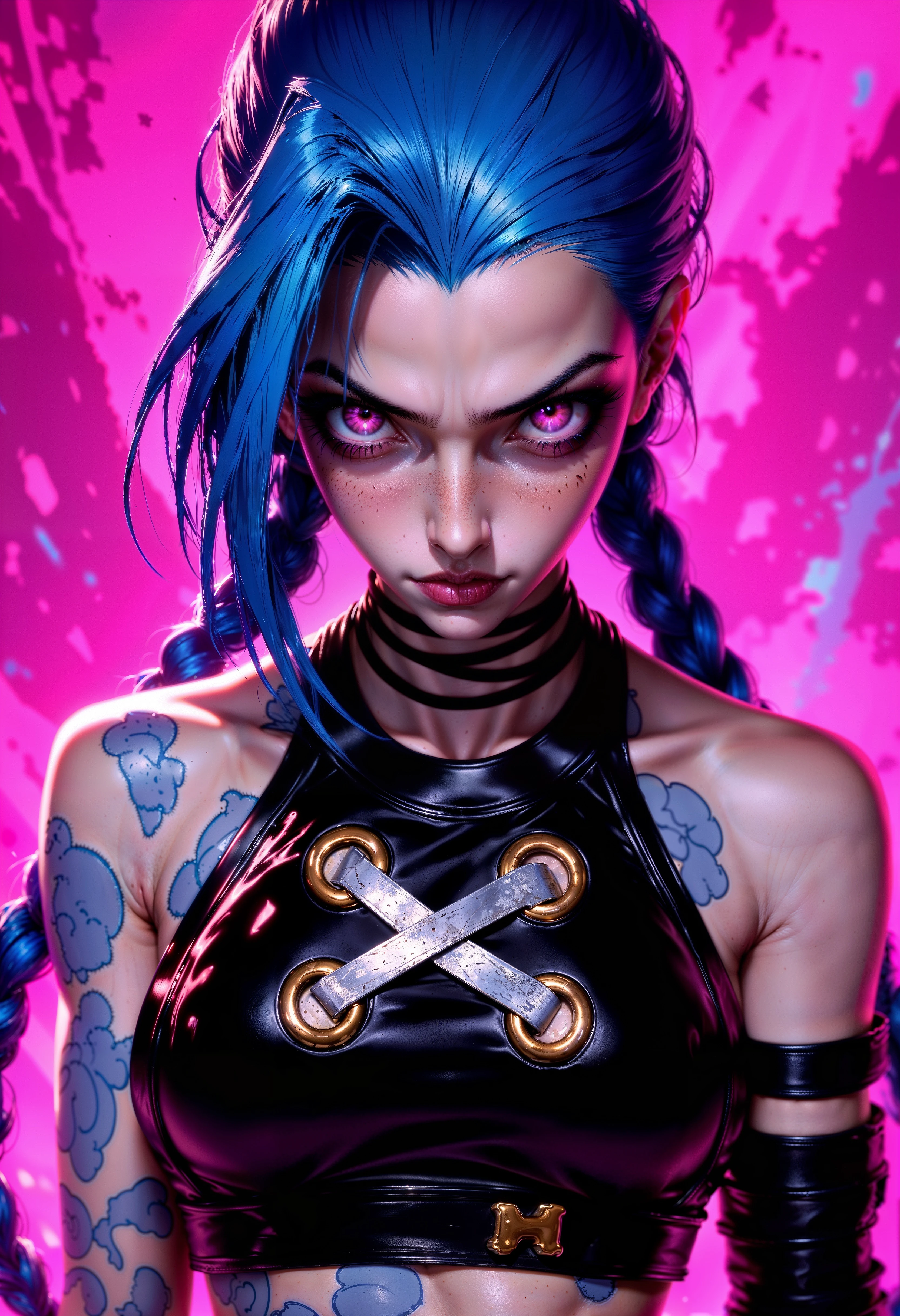 JinxA, a portrait of a stylized, JinxA character with a striking appearance. The character has long, vibrant blue hair styled in braids, and intense pink eyes that stand out against her fair skin. She wears a black leather top with crisscrossed straps and a choker, exuding a tough, rebellious vibe. Her arms are adorned with blue tattoos, adding to her distinctive look. The background is a vivid pink with abstract, dynamic patterns, enhancing the bold and energetic feel of the image. The overall composition is centered, focusing on the character's upper body and intense gaze, creating a powerful visual impact. <lora:FluxJinxV2:1> <lora:FluxMythP0rtr4itStyle:0.7>