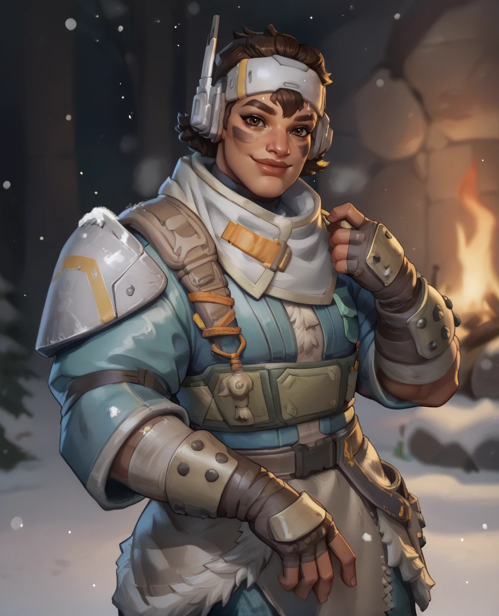 score_9,score_8_up,score_7_up,score_6_up,
vantagexl,brown eyes,short brown hair,facial mark,
standing,smile,looking at viewer,fingerless gloves,biceps,
blue jacket,armor,headband,
snow,camp,<lora:Vantagexl:0.8>,