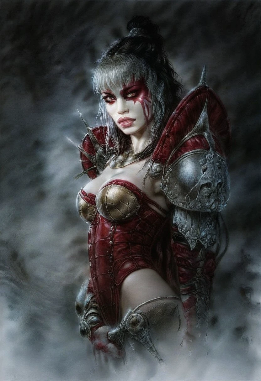 realistic, dark theme, low light, 1girl, solo.
Young beautiful face, fit body, (round breasts), 
LRArmor, Shoulder armor.
Armor Top. Spile armor.