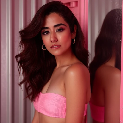 The photograph captures a young woman standing by a serene, dark brown hair styled in loose waves, This photograph captures a young woman of likely Middle Eastern or Mediterranean descent, wavy dark hair, corrugated iron wall, well-lit room. She is standing in front of a mirror, bright pink, possibly backstage at a fashion event or photoshoot. She has a light to medium skin tone, likely at a performance or event. She has a light to medium skin tone and dark