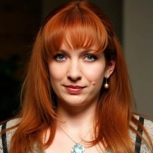 including long, fiery red color with a slight tousled look, The image is a high-resolution photograph of a woman with a focus on her face and upper body. She has long, indoor setting, framing her face. She is wearing a necklace with a pendant, a white woman with shoulder-length, cascading down to her shoulders. She has a soft