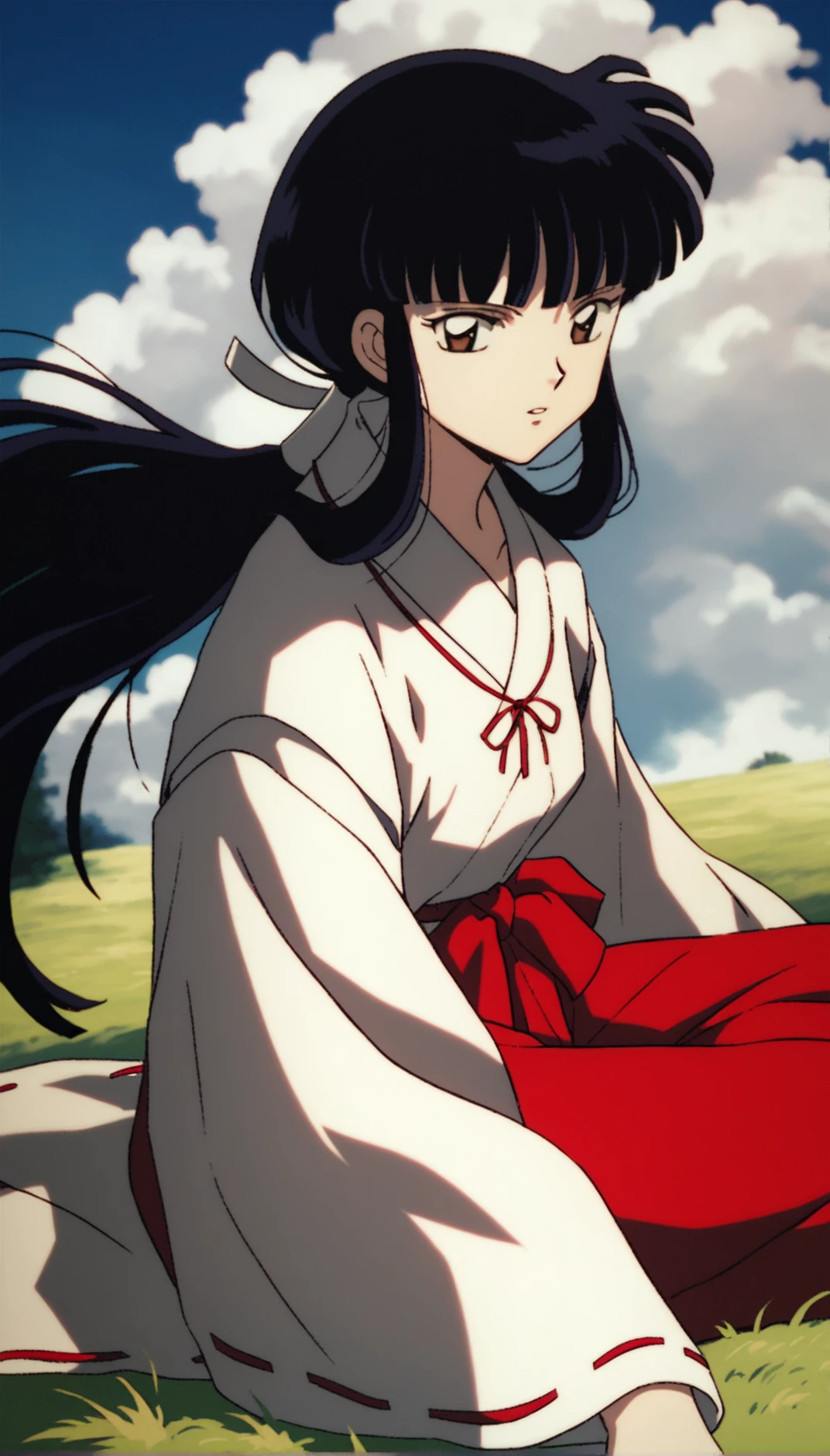 score_9,score_8_up,score_7_up,
<lora:11223kikyo:1>,
oykik,
1girl,solo,black hair,bangs,low ponytail,white scrunchie,
brown eyes,looking at viewer,parted lips,
white robe,red ribbon,red bow tie,red hakama,
on side,
blue sky,cloud,grass,hill,