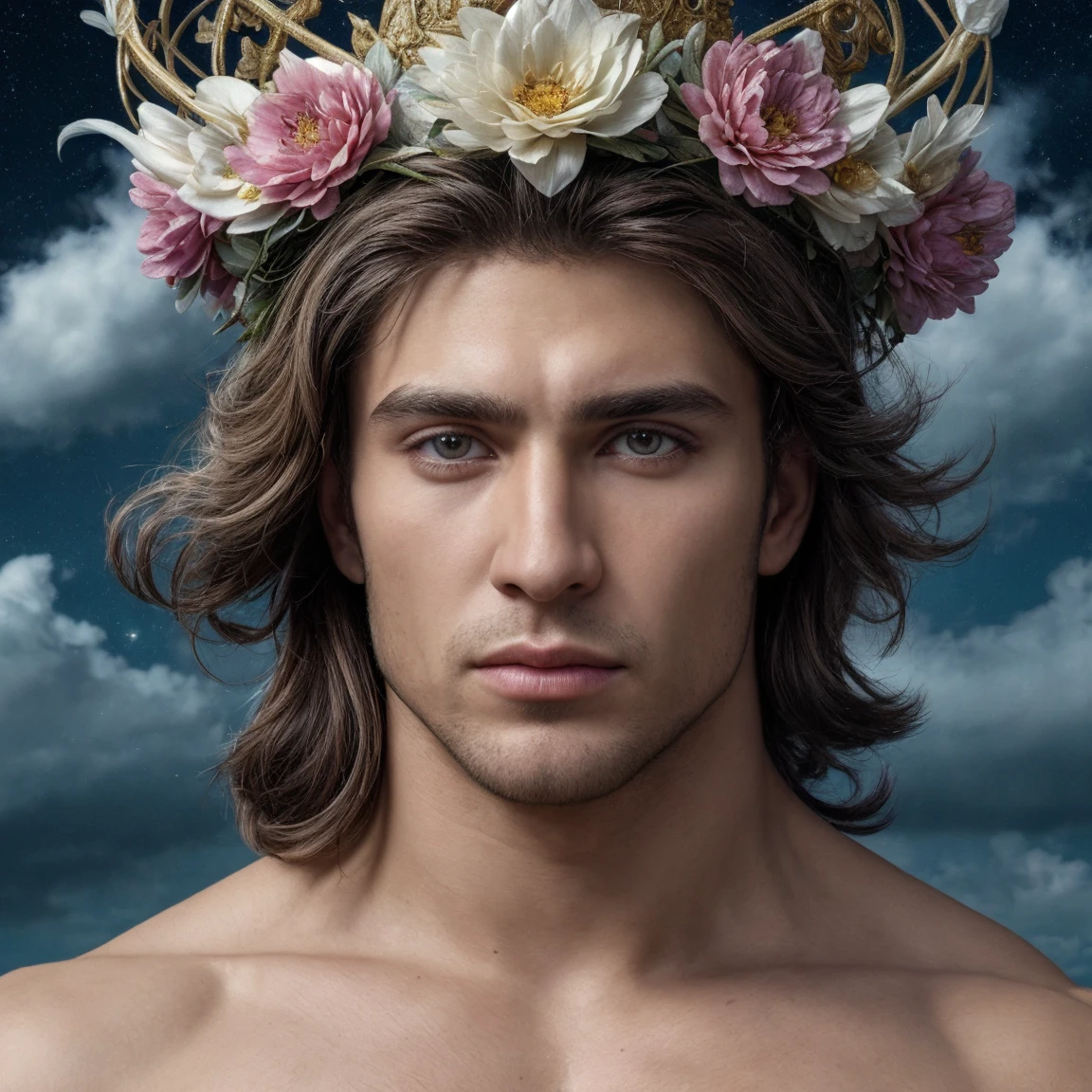 VirgoSign, crown of feathers, male, muscular, face,  male focus, face beauty, muscular body, hunk, realistic, 8K, ultra quality, elegant, highly detailed, ultra realistic, photograph, <lora:VirgoSign:0.11>, flower background, beautiful celestial background