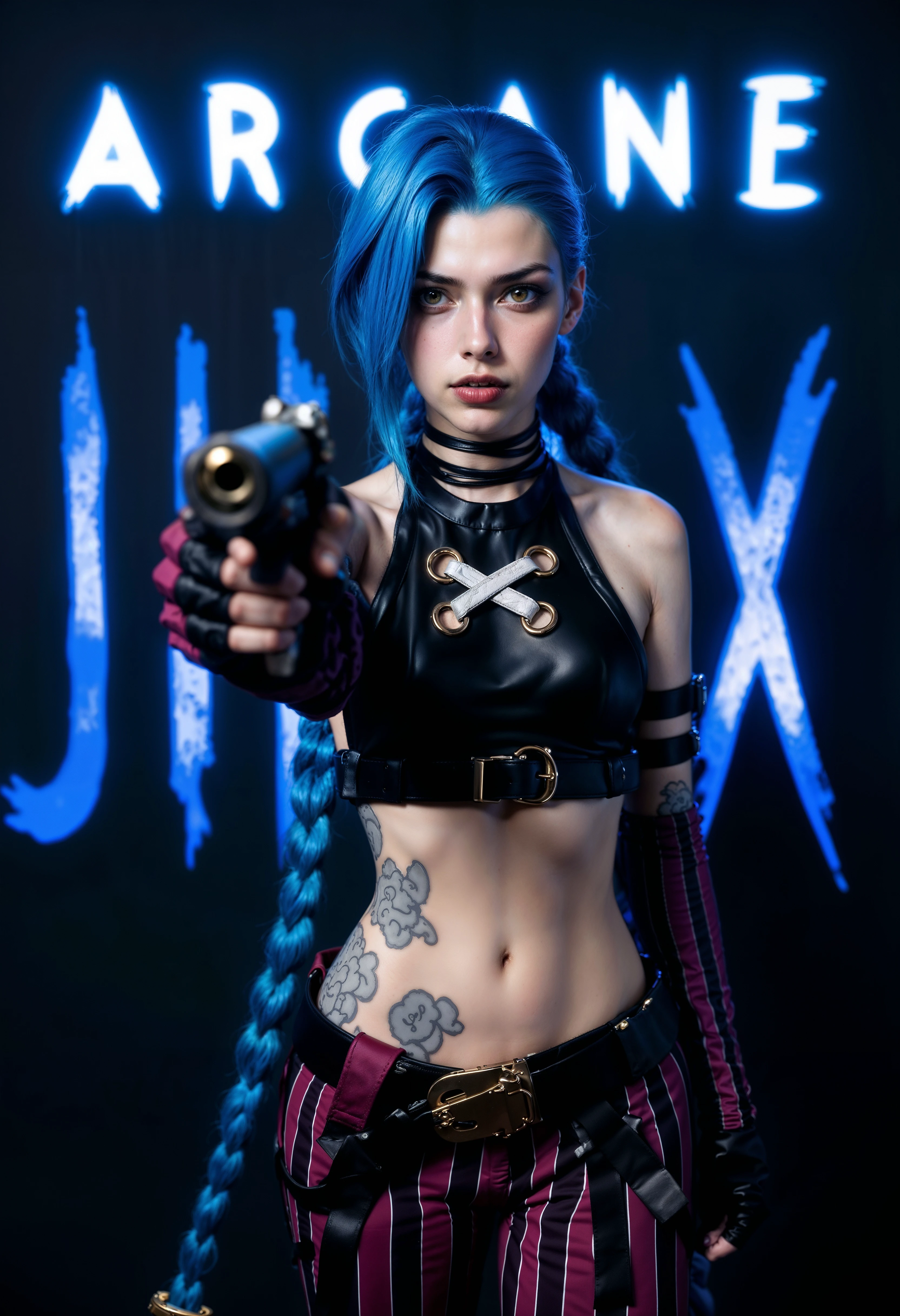 JinxA, a portrait-style photograph featuring JinxA, standing against a backdrop with the text 'ARCANE' and 'JINX' in bold, stylized glowing letters on a dark blue background. The subject is a girl with light skin and striking blue hair styled in a dramatic, swept-back fashion. She are wearing a black leather crop top with a distinctive cross design on the chest, revealing a tattoo on their abdomen. The outfit includes maroon pants with white vertical stripes and a large belt with a metallic buckle. The girl is holding a gun, pointing it towards the camera, and wearing fingerless gloves. Her makeup is bold, with dark lipstick and eye makeup that accentuates her features, <lora:FluxJinxV2:1> <lora:FluxMythP0rtr4itStyle:0.7>