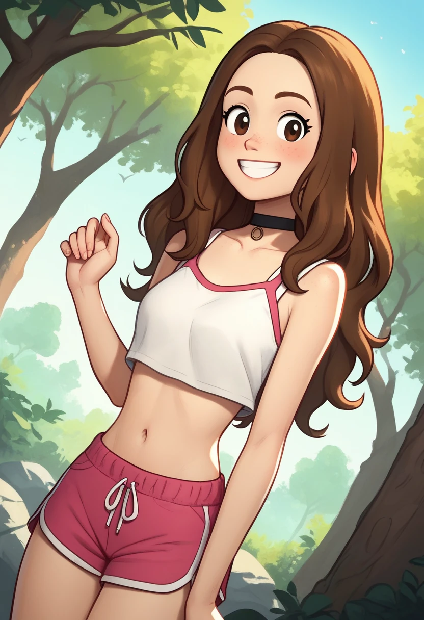 score_9, score_8_up, score_7_up, score_6_up, score_5_up, 1girl, solo,
<lora:Sophie (Storybooth):0.9>
Sophie_Storybooth, brown hair, long hair, dot eyes,
choker, grin, teeth, (dolphin shorts, crop top, midriff),
cute pose, dutch angle,
outdoors, (detailed background), forest, rock, trees,
looking at viewer, coy smile, flirtatious look,
sultry expression, blush,