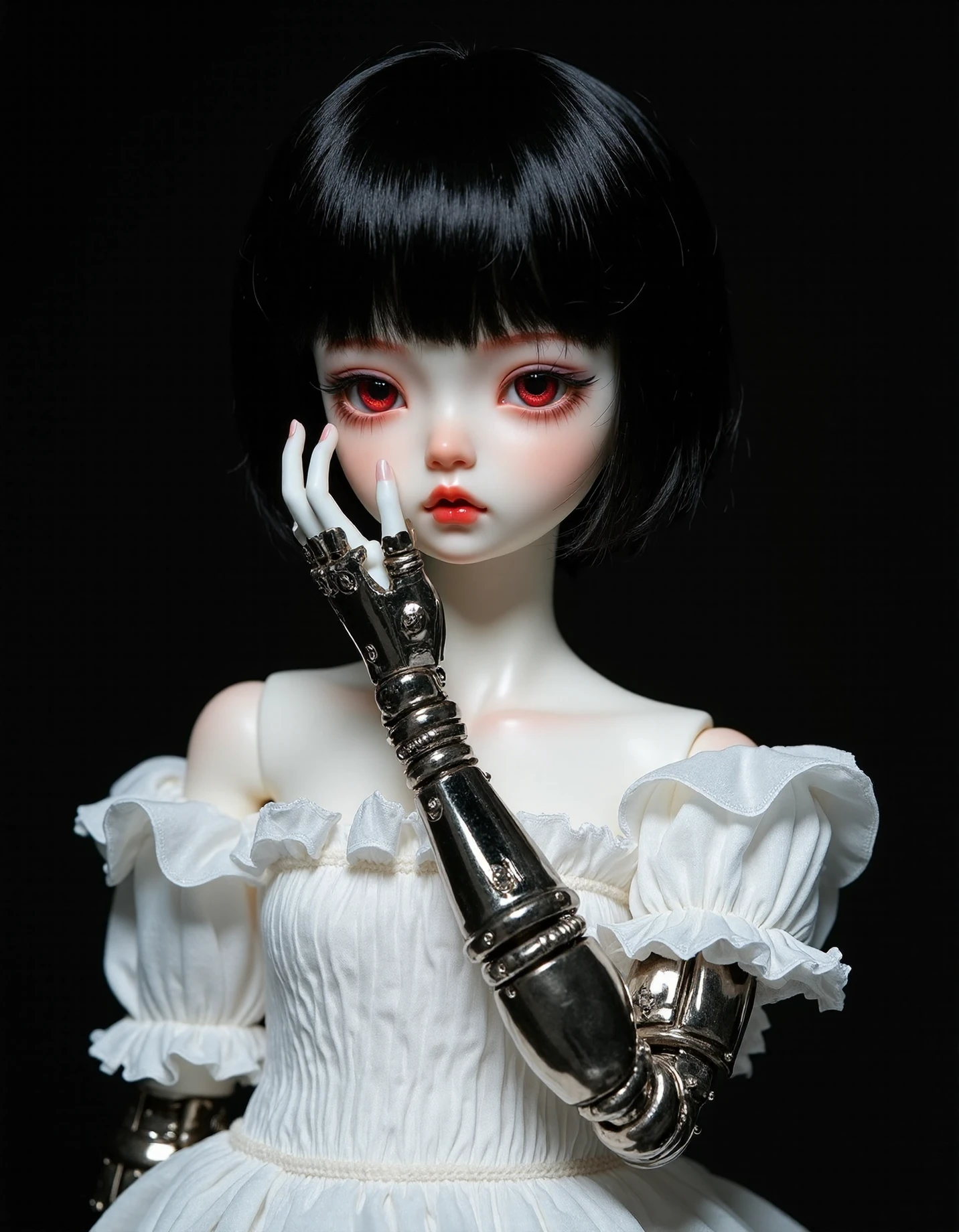 bjdoll, This is a highly detailed, realistic photograph of a porcelain doll with a pale complexion, short black hair, and striking red eyes. The doll is dressed in a white, off-shoulder dress with frilled sleeves. Her left arm is replaced with a metallic, robotic prosthetic that is intricately detailed, featuring a mechanical hand with visible joints, raised to her cheek. The background is dark, creating a stark contrast that highlights the doll's delicate features and the shiny texture of the prosthetic arm. The image evokes a blend of innocence and sci-fi elements.
 <lora:bjd:0.8>