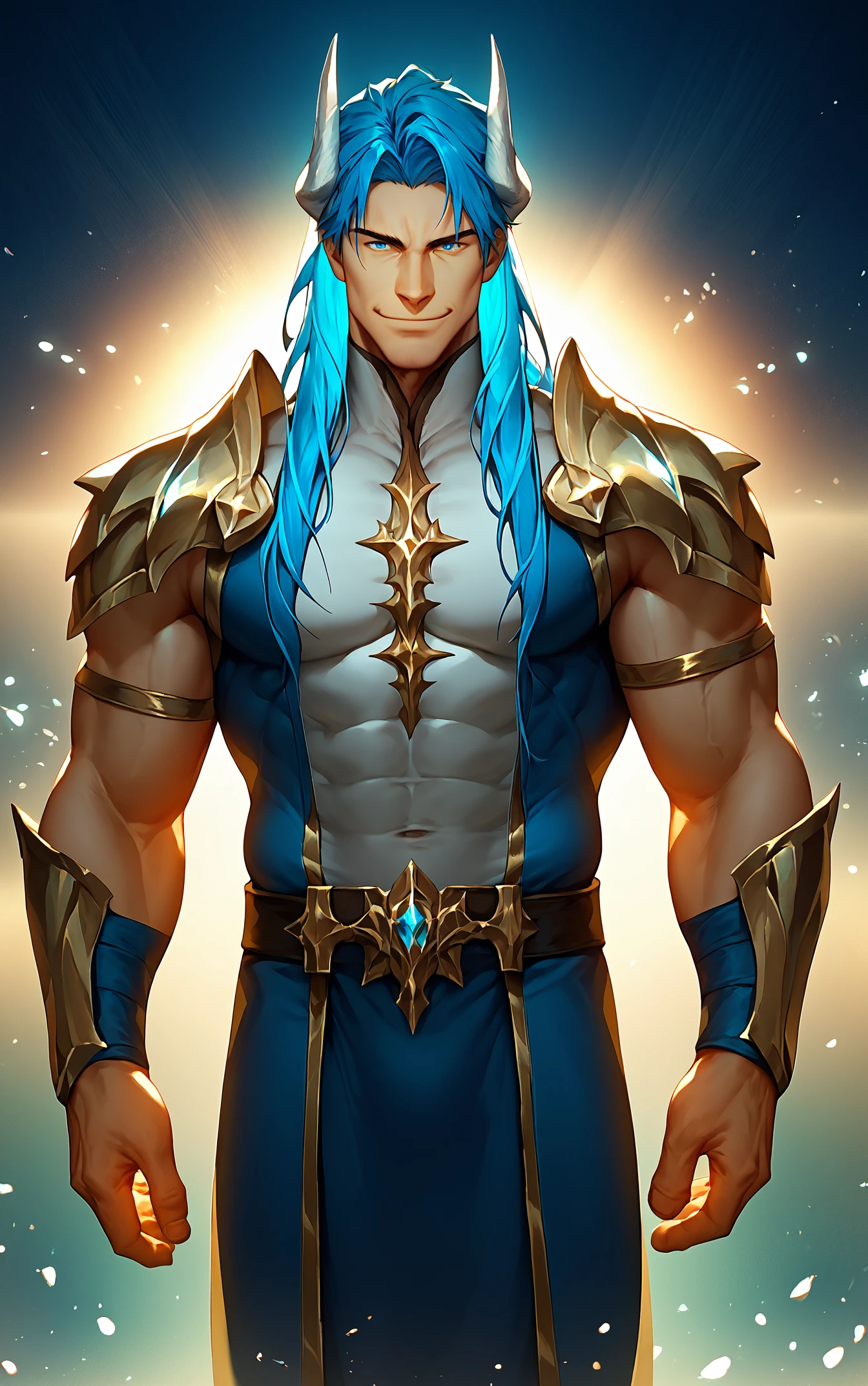 score_9, score_8_up, score_7_up, score_6_up, score_5_up, score_4_up, zPDXL3, 1boy, Mort, frontal view, dashing smile, solo, western comic style, bara, handsome, muscular, heavily built, pale skin, chiseled, blue hair, long hair, blue hair, long hair, blue eyes, masculine, horns, (white and blue robes), gold shoulder armor, muscular, horns, light skin, dynamic lighting, realistic, lineart, flat color, masculine, fantasy background, sunset, volumetric, dynamic lighting, bokeh, <lora:MGS_V2_Pony:0.3> <lora:Rob_Liefeld_Chad_Bowers_And_Associated_Artists_Marvels_Deadpool_Badder_Blood_1-5_Artstyle_Blend_PonyXL:0.25> <lora:Mort_-_Epic_Seven_Pony-000004:0.8>