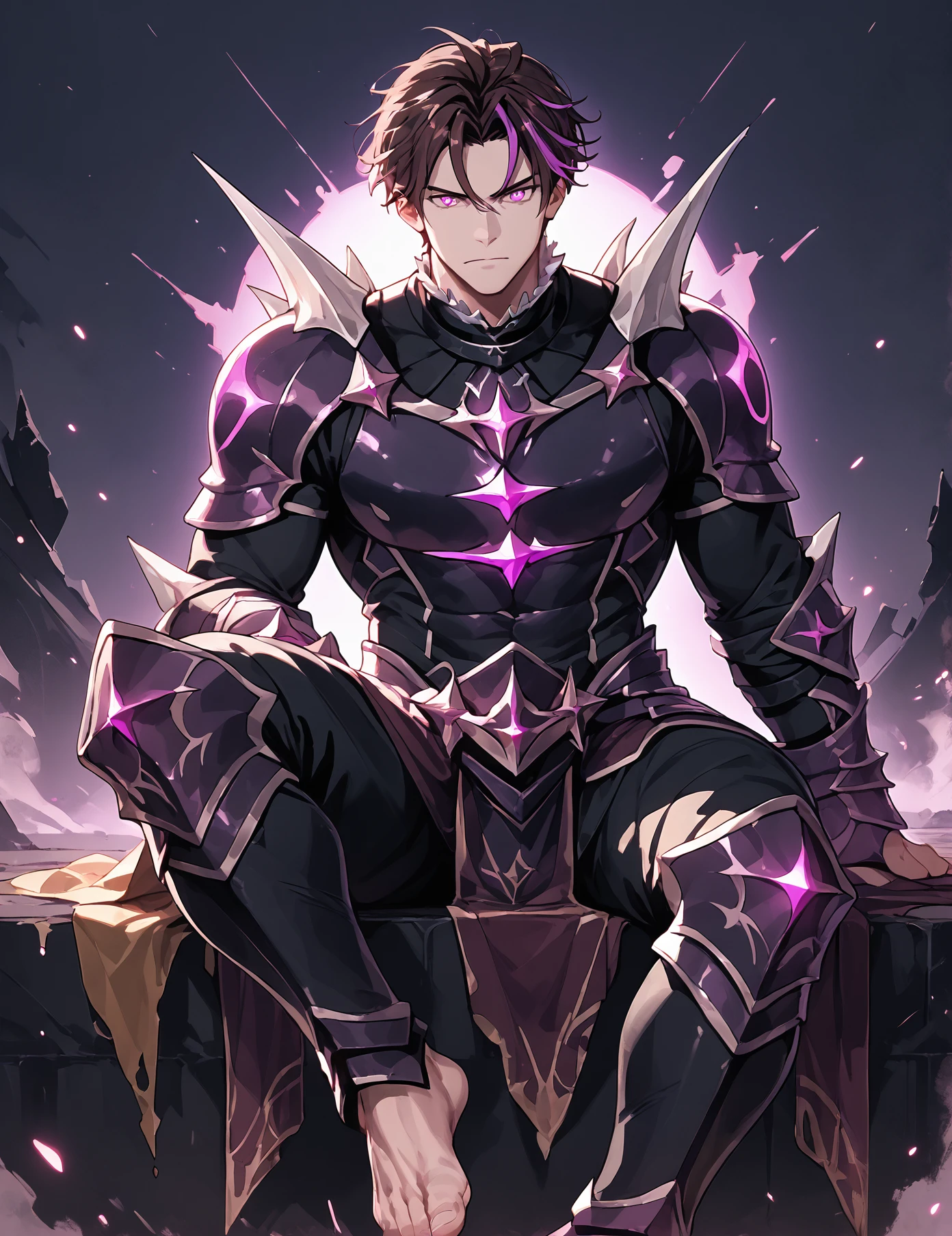 score_9, score_8_up, score_7_up, score_6_up, score_5_up, score_4_up, zPDXL3, 1boy, solo, western comic style, Kayron, spiked shoulders, short brown hair, pale skin, sitting, barefoot, purple eyes, muscular, black armor, glowing purple armor sigils, muscular, lineart, flat color, dark sky background with purple highlights, masculine, volumetric lighting, shadows, dynamic lighting  <lora:Kayron_-_Epic_Seven_Pony-000009:0.8>