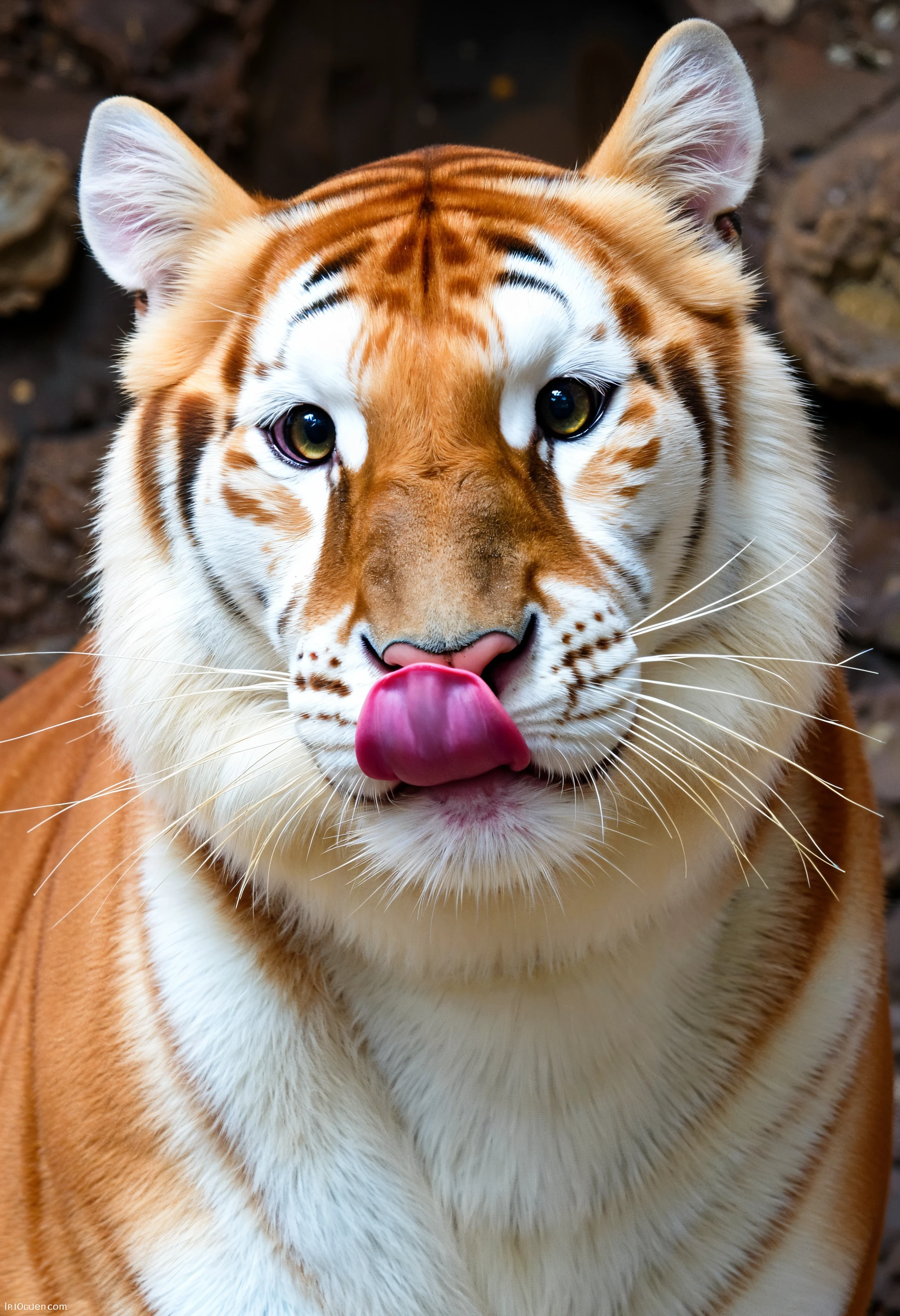 The image is a high-resolution photograph of a eva tiger, specifically a Bengal tiger, taken in a zoo or wildlife sanctuary. The tiger is positioned against a naturalistic background, likely a rock wall or a similar setting designed to mimic its natural habitat. The tiger's fur is predominantly white with orange stripes, typical of the Bengal tiger species. Its face is prominently featured, with a striking expression of curiosity, as it licks its nose with its pink tongue extended.