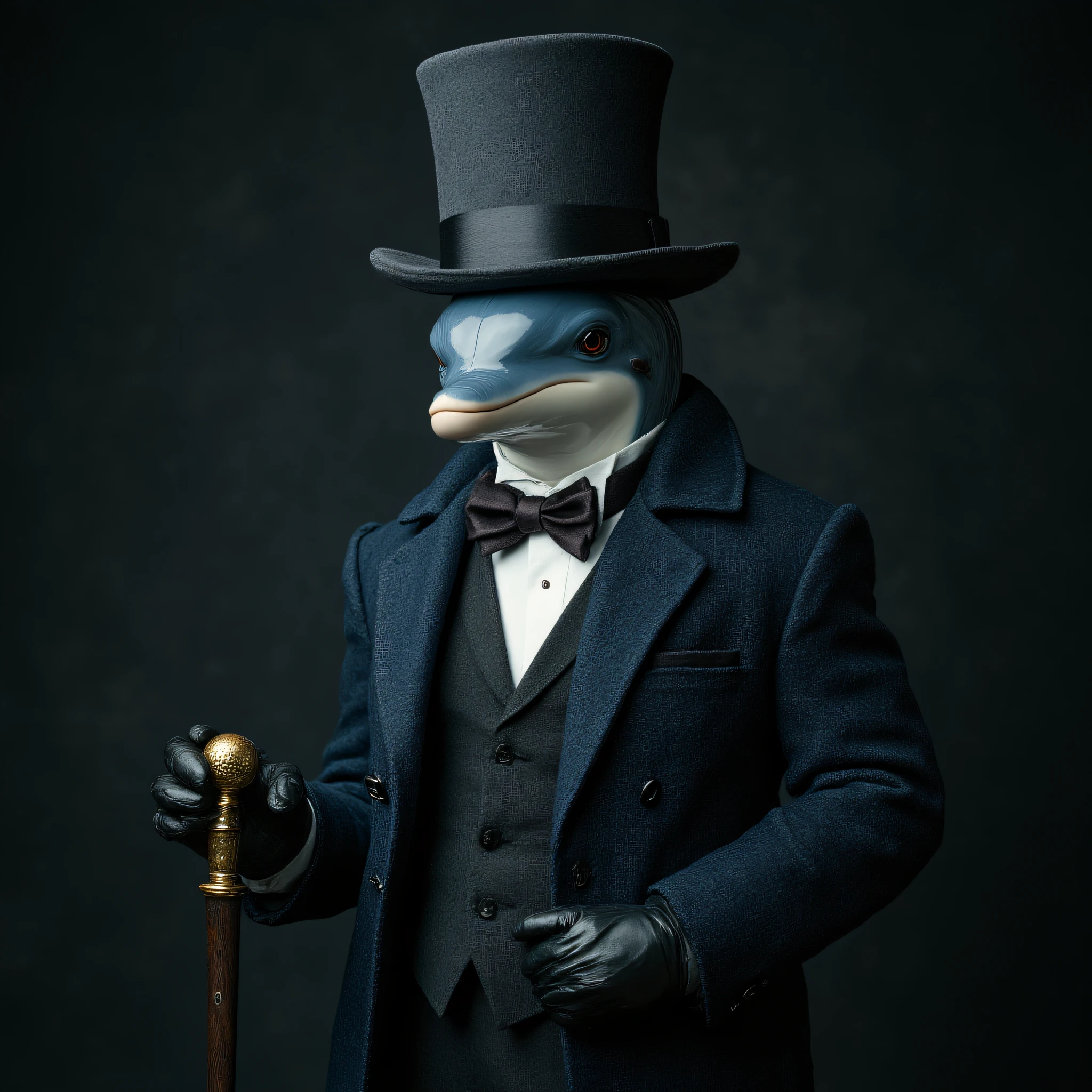 Anthropomorphic, cinematic setting, The image shows a dolphin wearing a top hat and coat holding a cane against a dark background., hat, top hat, bowtie, bow, gloves, solo, cane, 1boy, black gloves, male focus