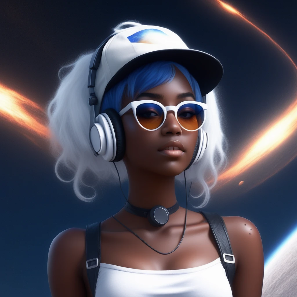 freckles, makeup, leather, hat, sunglasses, twintails, headphones around neck, dark skin, white hair, shirt, blue hair, white dress, male focus, looking up, space, breasts