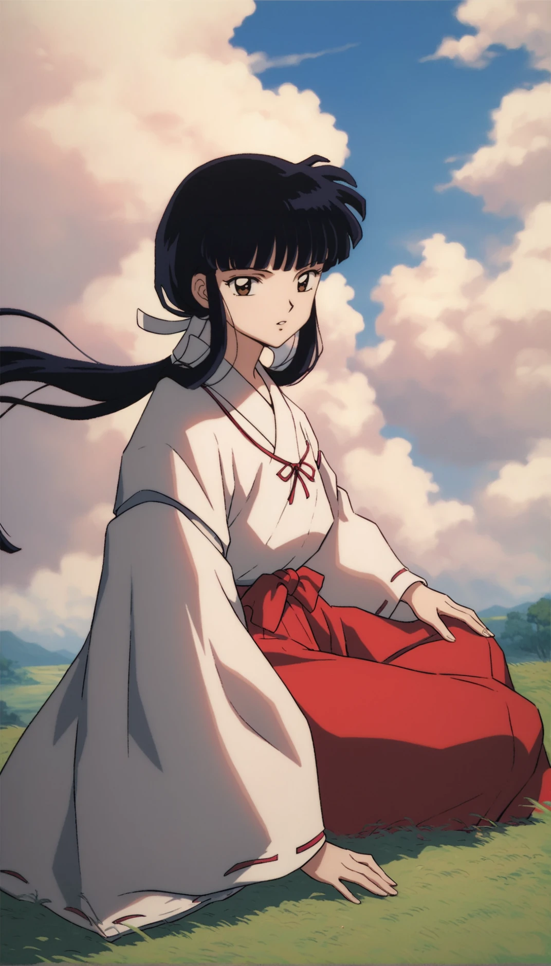 score_9,score_8_up,score_7_up,
<lora:11223kikyo:1>,
oykik,
1girl,solo,black hair,bangs,low ponytail,white scrunchie,
brown eyes,looking at viewer,parted lips,
white robe,red ribbon,red bow tie,red hakama,
on side,
blue sky,cloud,grass,hill,