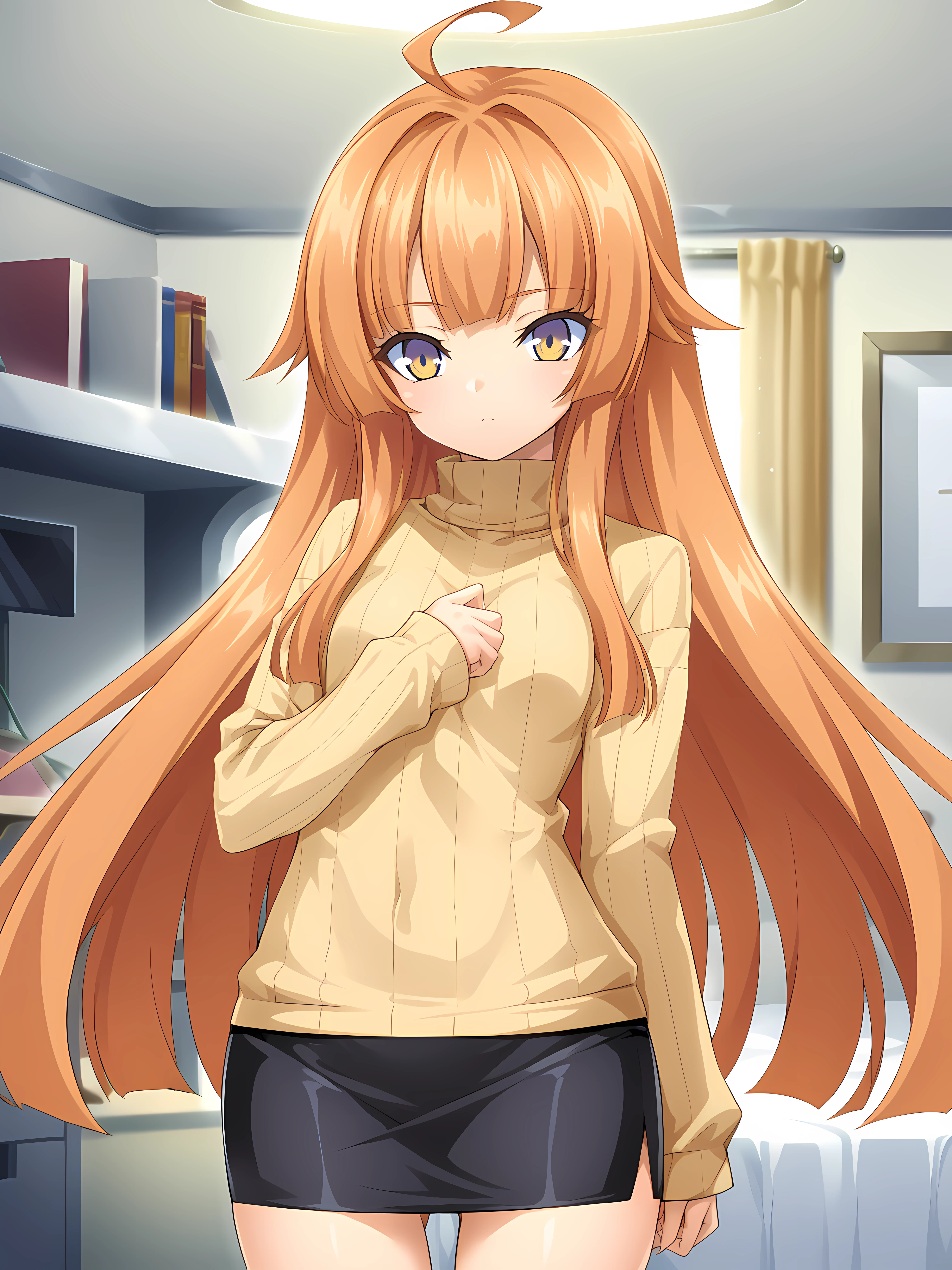 <lora:Yuri_Amakubo_-_ExS-TiA_Flora_-_Kouyoku_Senki_ExS-TiA_-_Lusterise:1>,yuri amakubo,casualyuri,very long hair,orange hair,multicolored eyes,yellow eyes,indoors,bedroom,cowboy shot,yellow sweater,turtleneck,black skirt,pencil skirt,miniskirt,shirt overhang,ribbed sweater,, score_9, score_8_up, score_7_up,source_anime,(masterpiece),(best quality),(ultra-detailed),(best illustration),(best shadow),(absurdres),(detailed background),(very aesthetic),source_anime