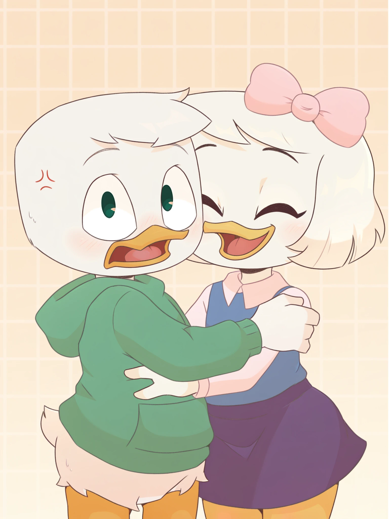 (2024, 2023, masterpiece, best quality, very aesthetic, absurdres, artist:threek) (pattern background, cute:1.3)
1girl, 1boy, webby vanderquack, louie duck, squish, side to side, hug, front view, facing viewer, young, green hoodie, vest, pink dress shirt, purple skirt, black eyes, pink bow, happy, annoyed, white hair, bottomless  <lora:Threek_Style_Ill:1>