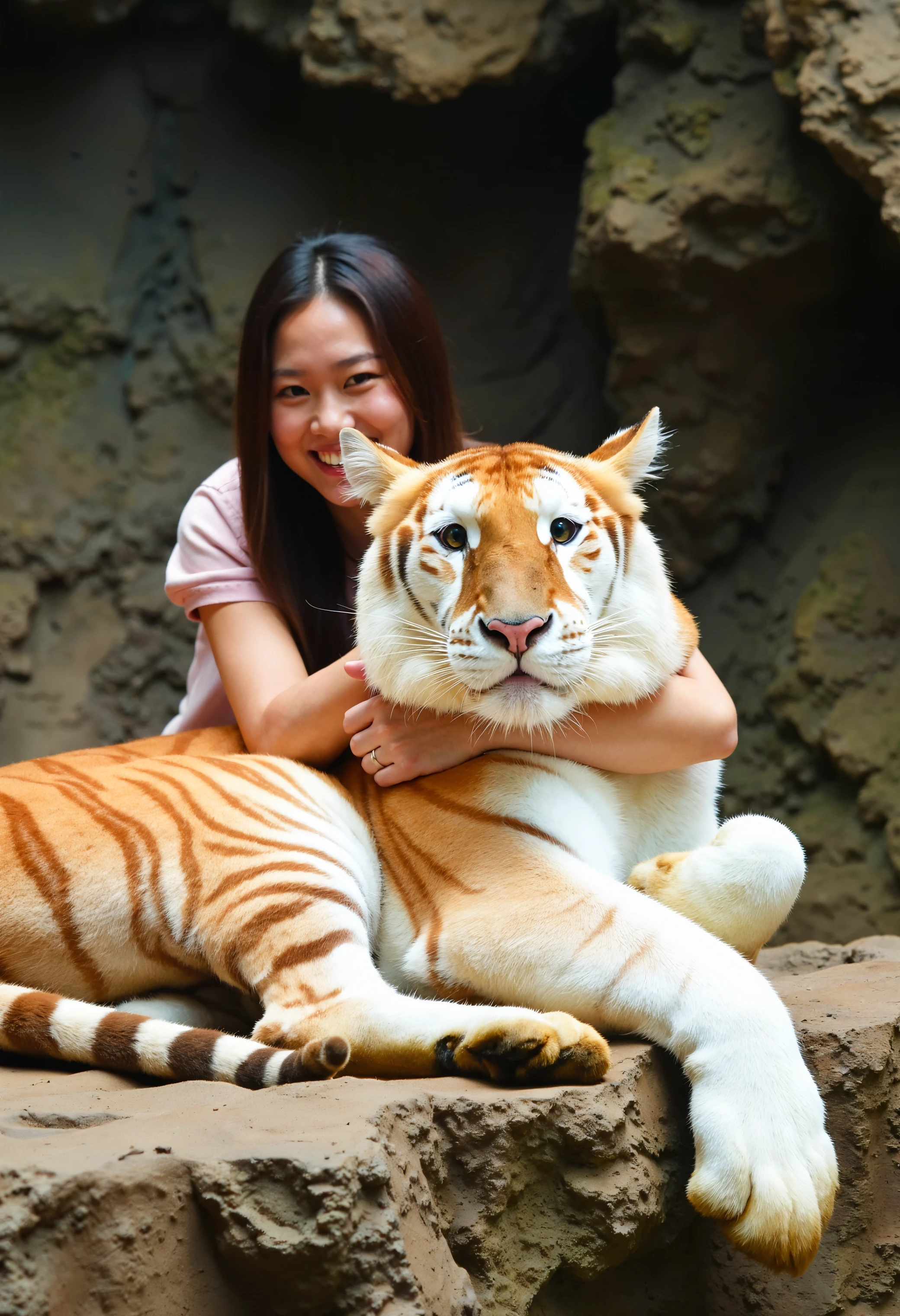 A high-resolution photograph of a Bengal tiger, taken in a naturalistic zoo or wildlife sanctuary setting. The tiger is lying down on a rugged, rocky surface, with its body stretched out in a relaxed pose. Its fur is a striking golden orange color with distinctive white markings on its face, chest, and legs. The tiger's eyes are large and expressive, with a piercing gaze directed straight at the camera. Beside the tiger, a young Asian woman is gently embracing it, her arms resting softly around the tiger’s body, creating a sense of trust and harmony. She is dressed casually, blending naturally into the serene setting, while the rocky surface and surrounding greenery emphasize the connection between the woman and the majestic animal.