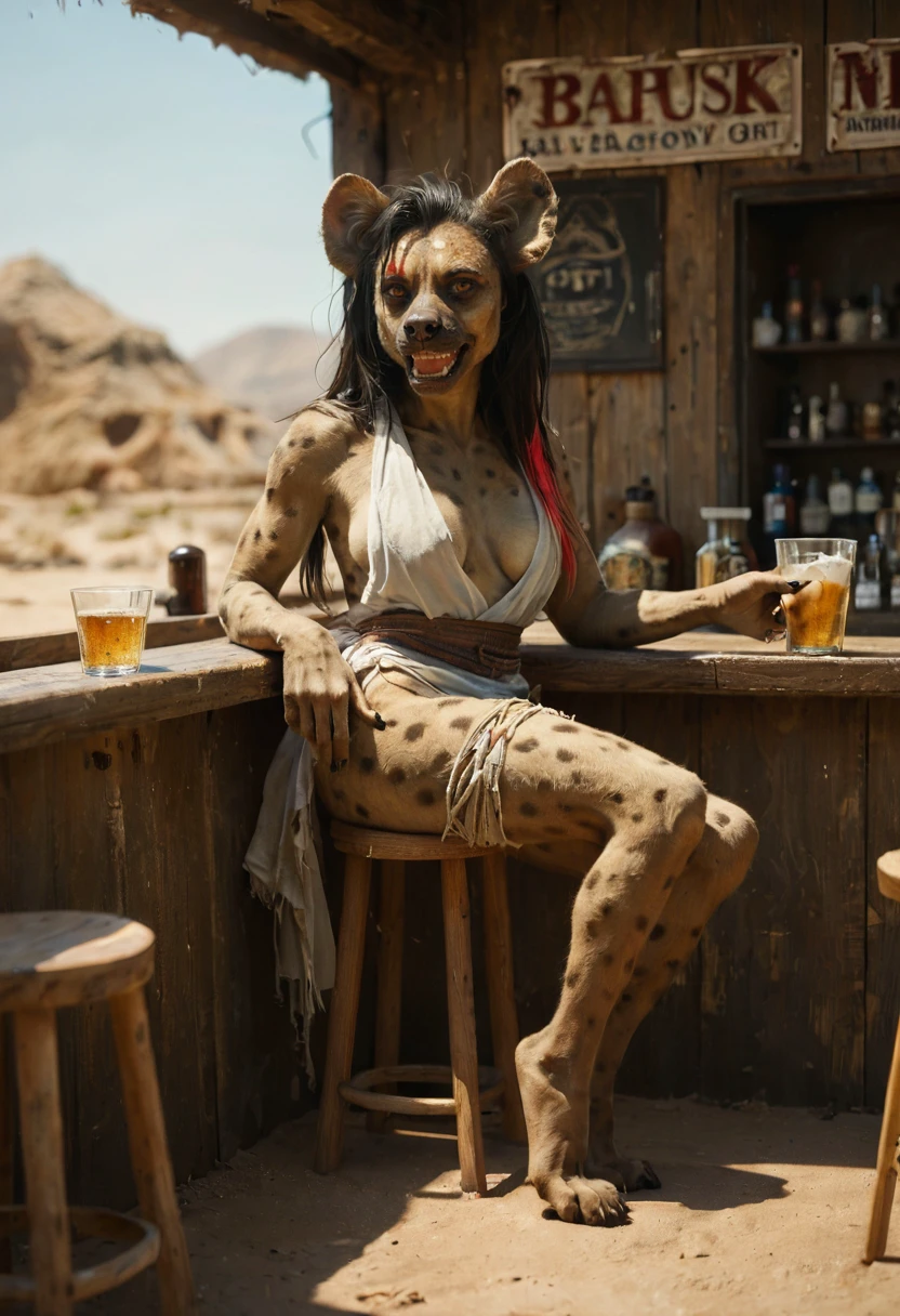 beautiful, anthro, furry, female, detailed textured fur, hyena, large toothy grin, crazy expression, long hair, multicolored hair, streaked hair,heavy eye shadow, breasts, sadgravy,, traditional african clothes, on desert, bar, stool, cinematic film still, .score_9, score_8_up, score_7_up,score_6_up, rating_safe