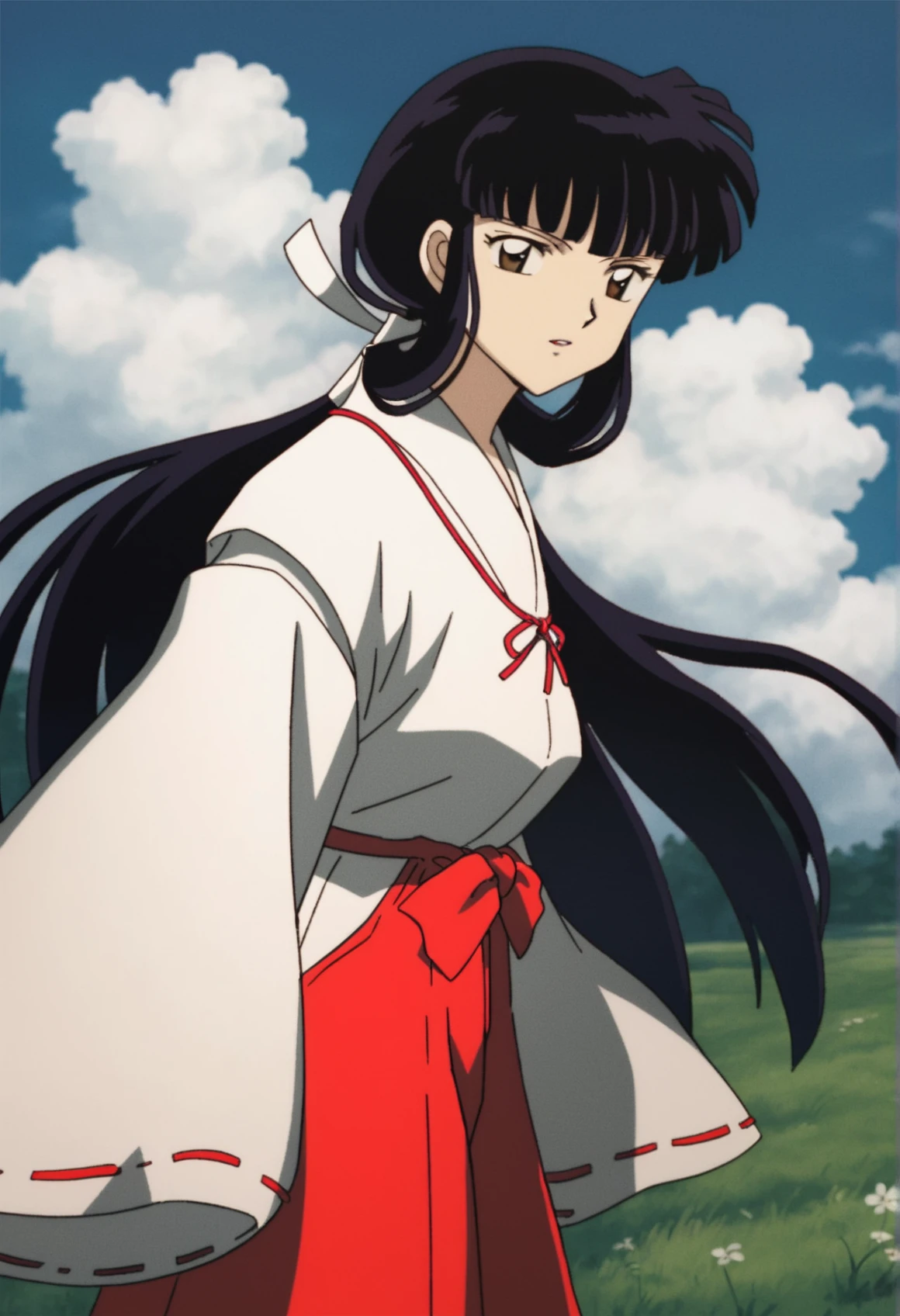 score_9,score_8_up,score_7_up,
<lora:11223kikyo:1>,
oykik,
1girl,solo,black hair,bangs,low ponytail,white scrunchie,
brown eyes,looking at viewer,parted lips,
white robe,red ribbon,red bow tie,red hakama,
cowboy shot,from side,
blue sky,cloud,grass,hill,