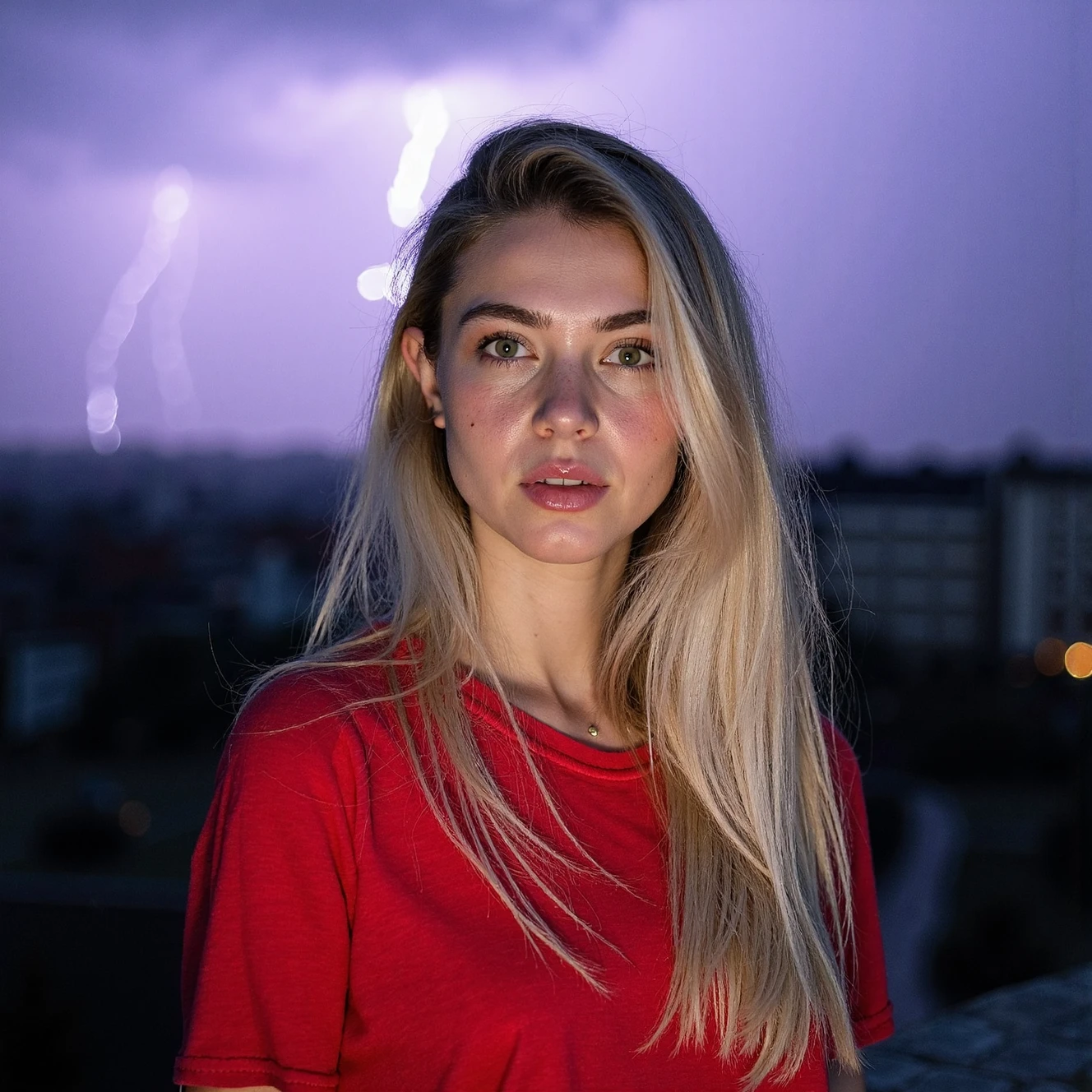 RAW photo, sharp focus, wide depth of field, dof, dark sky, pale afternoon light, a candid fa full body portrait of a beautiful blonde woman wearing a (red shirt), 8k uhd, dslr, soft lighting, high quality, film grain, Fujifilm XT3
she stands in a stormy viewpoint of an old city like paris in autumn, stone walls, dead leaves, background is an (((uprising thunderstorm))) with purple black clouds and ((((lightning bolts)))), dim light, nature photography, white flashlight <lora:FLUX_Polyhedron_storm_Kohya_ss-000001:1>
<lora:FLUX_Polyhedron_all_Kohya_ss-000001:0.5>  (pointy chin:1.5), (no cleft chin), (no chin dimple) <lora:FLUX_polyhedron_chin_teeth_mouth-epoch000002:0.1> pointy chin, tiny teeth, closed mouth, (no freckles:0.5), perfect eyes, glowing irises, even eyes, even pupils, round iris, detailed pupils, light reflections, visible cornea, blood vessels, (wet skin:1.1), (sweat:1.1), ((white winter skin)), wax skin, marble skin, ((pale skin)), clear skin, [[skin blemishes]], skin pores, blush, flushed cheeks, [[[[[moles]]]]], wrinkles, [[[[vitiligo spots]]]], [[whiteheads]], [[[blackheads]]], [pimples], perfect hands, shiny bright eyes, centered pupils, blood vessels in sclera, detailed skin, [[oiled shiny skin]], beauty spots, skin fuzz, sss, subsurface scattering, shine from within, hands off face, not asian