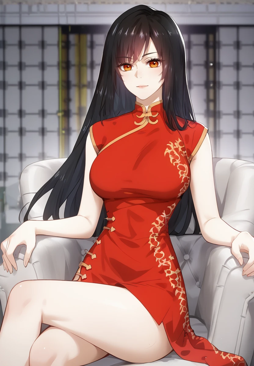 zPDXL3, score_9_up, score_8_up, score_7_up, (Anime_source),Masterpiece,(perfect female body:1.2), small waist,(incredibly detailed:1.4), slim, beautiful fingers, beautiful white skin, Beautiful clear skin, (large breasts:1.4) (thick thighs:1.2), looking at viewer, big breasts, <lora:Ye_Chen_Xi_-_Immortal_Swordsman_In_The_Reverse_World-PONY-Kaleid:1> ye chen xi, 1girl, long hair, orange eyes, black hair, china dress, cowboy shot, sitting, crossed legs, sitting