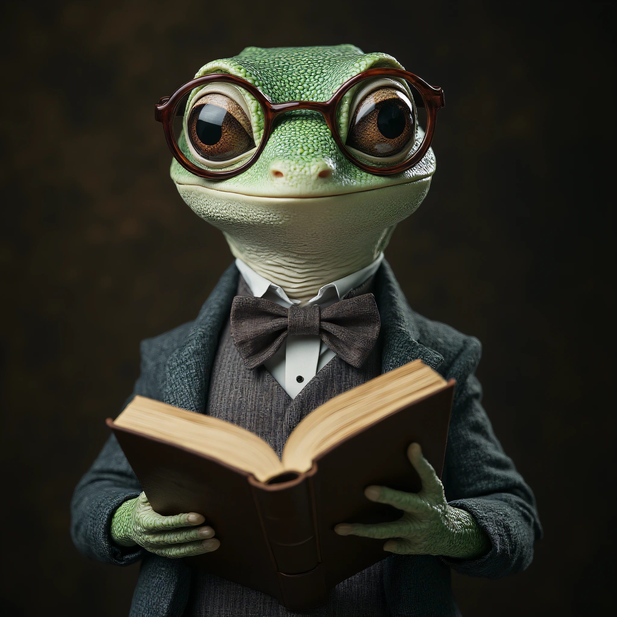 Anthropomorphic, cinematic setting, The image shows a gecko wearing a suit and bow tie reading a book. The gecko has a friendly expression on its face and its eyes are focused on the book in its hands. Its fur is a light green color and it has a small round head., book, solo, goggles, realistic, bow, bowtie, holding book, open book, gloves, holding