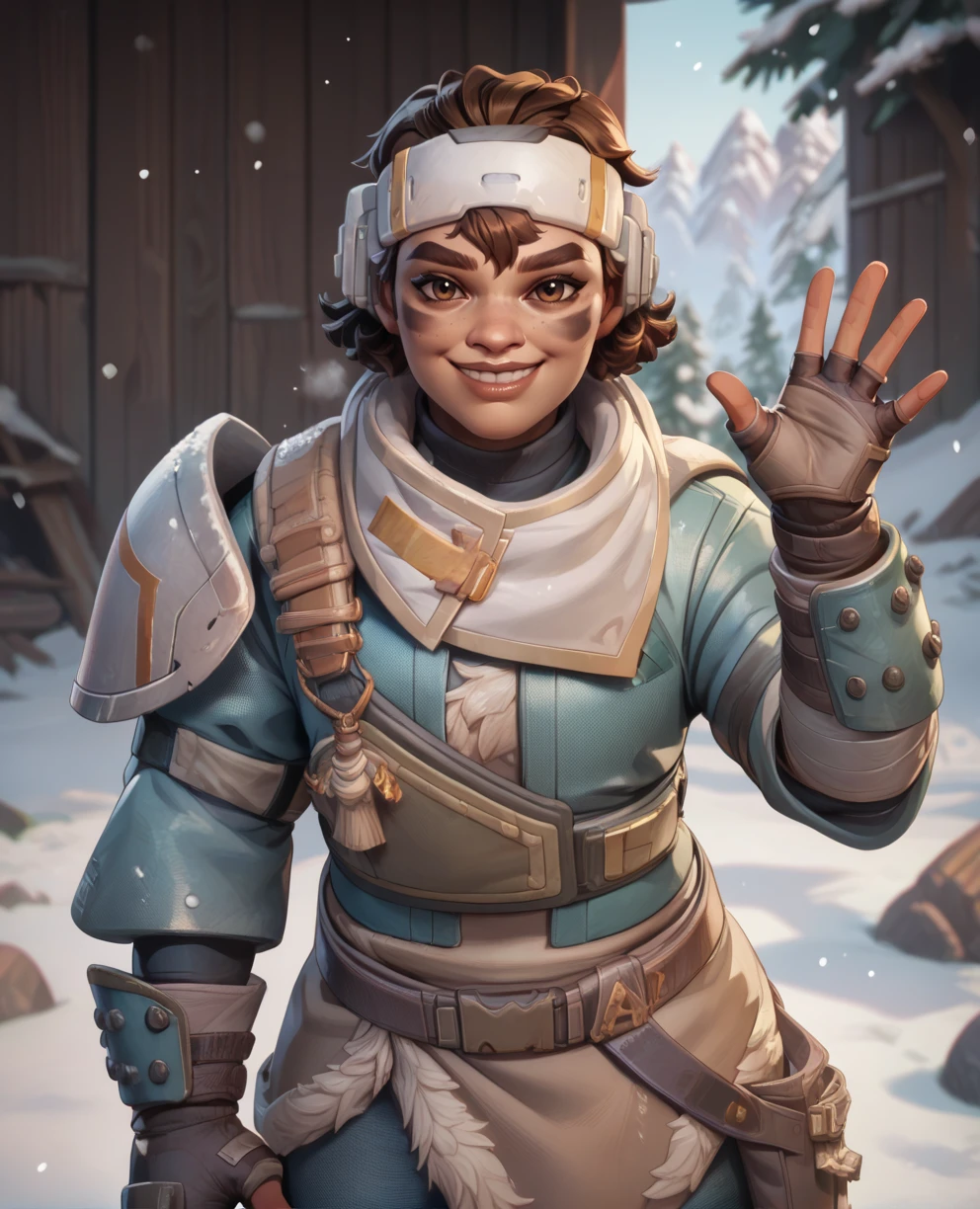 score_9,score_8_up,score_7_up,score_6_up,
vantagexl,brown eyes,short brown hair,facial mark,
standing,smile,looking at viewer,waving,fingerless gloves,
blue jacket,armor,headband,
snow,camp,<lora:Vantagexl:0.8>,