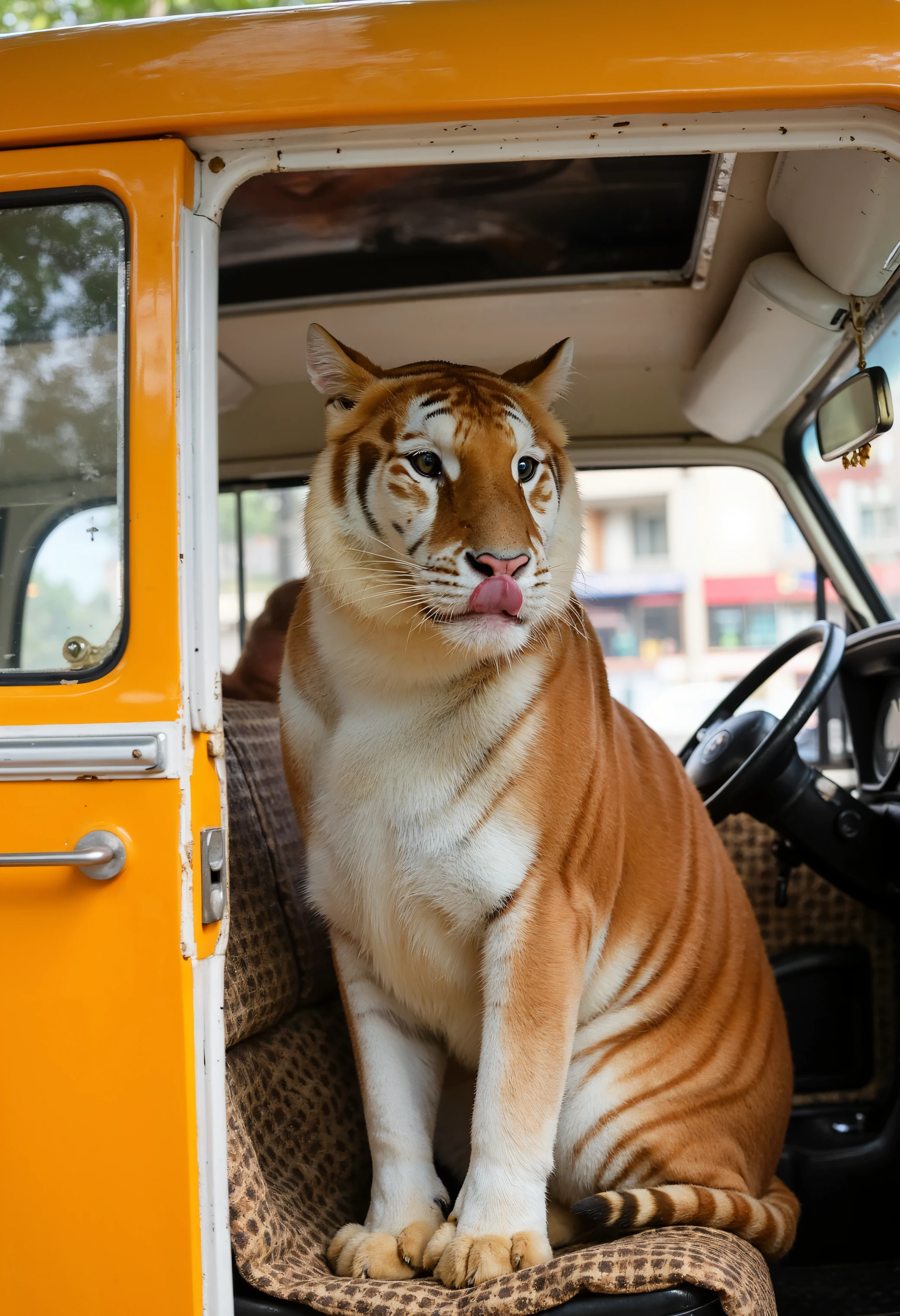 A high-resolution photograph of an eva tiger sitting upright inside a brightly colored taxi, looking calm and composed. The tiger, with its striking golden orange fur and distinctive white markings, is positioned on the back seat, appearing as though it’s casually enjoying the ride. The interior of the taxi features typical urban details, such as a patterned seat cover, a small hanging ornament on the rearview mirror, and a dashboard with everyday items. The setting outside the windows shows a blurred cityscape, emphasizing the movement of the taxi. The scene is whimsical and surreal, blending the majestic presence of the tiger with a humorous and unexpected urban environment.