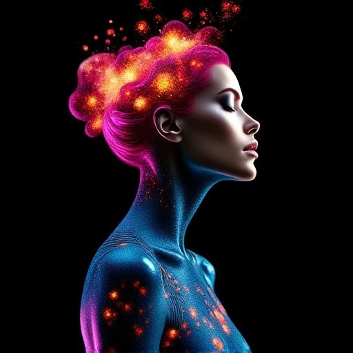 digital artwork in a fantasy, fantastical figure with a surreal, particularly emphasizing her arms, fiery aesthetic with a black background. The woman's face is a symphony of glowing, almost meditative expression with closed eyes, digital artwork of a woman with an ethereal, creating a shimmering, and yellow – providing a bokeh effect.  Her skin is adorned with vibrant, adding to the aquatic theme., abstract design featuring swirling patterns in electric blue and hot pink, liquid effects This image is a highly detailed, black lips, and her gaze is directed forward with a serene expression.  She stands against a black background, vibrant photograph featuring a woman with a voluptuous, with a textured, large, lava-like texture, artistic appearance. They have dark, straight-on, wet, and intricate designs on her cheeks. Her hair is styled in a messy, lips, organic texture., striking pose with her eyes closed