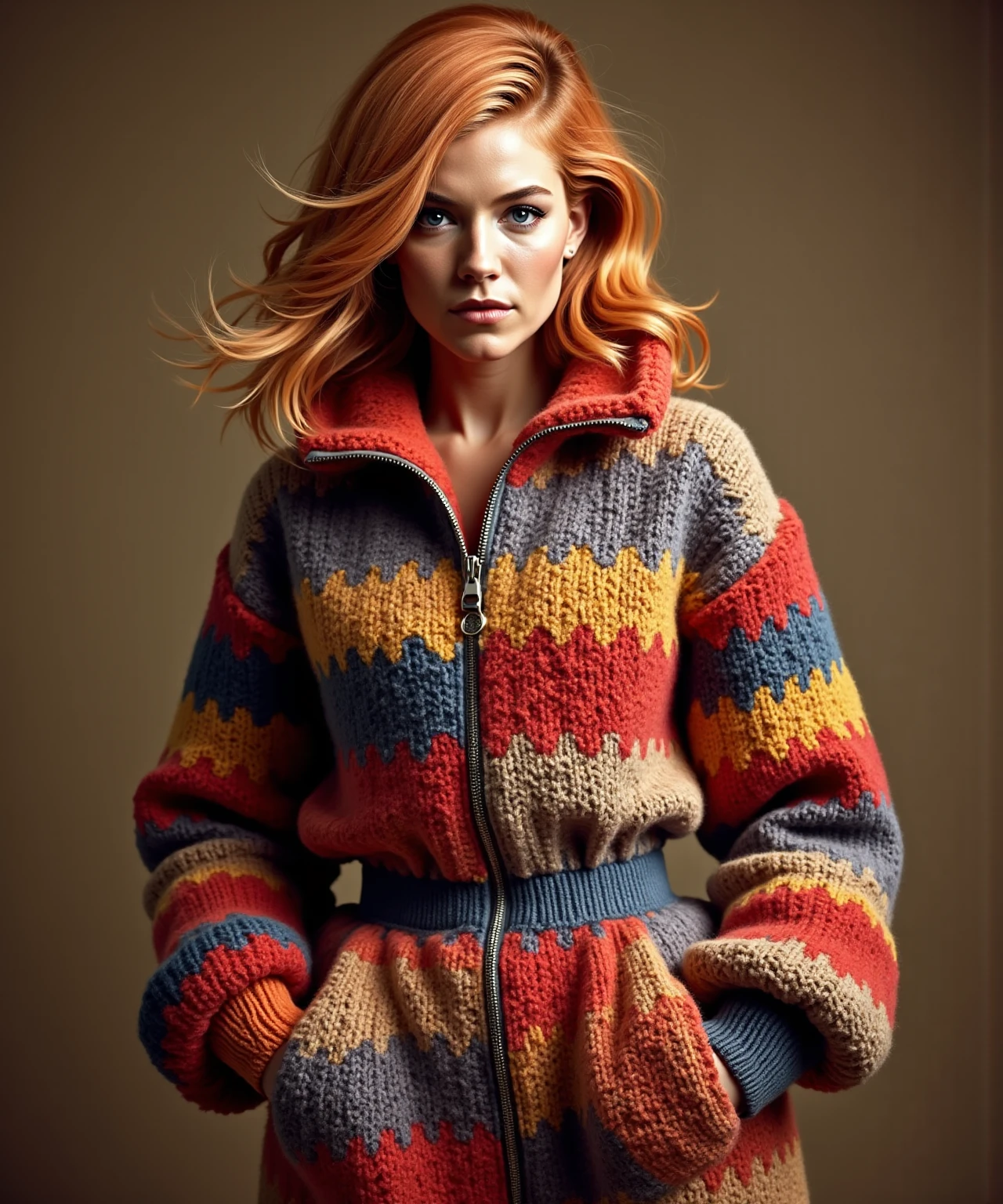 In this vibrant and opulent full-body portrait, model girl, with striking red hair, is dressed in a colorful oversized knitted jumpsuit with a hood, blending Nike's sporty aesthetic with Russian and knitted style influences. The jumpsuit is a maximalist masterpiece, featuring intricate patterns and rich textures that showcase the craftsmanship.  face is a focal point, with detailed attention given to her expressive eyes, delicate features, and elegant hands. The textured background complements the richness of her attire, while the subtle integration of "VOGUE" reinforces the image's status as a high-fashion magazine poster. Dramatic lighting and a dynamic composition, with Sasha in a confident stance, create a sense of grandeur and sophistication, perfectly capturing the essence of elite fashion. Back text: 'VOGUE' Below: 'Golubeva'