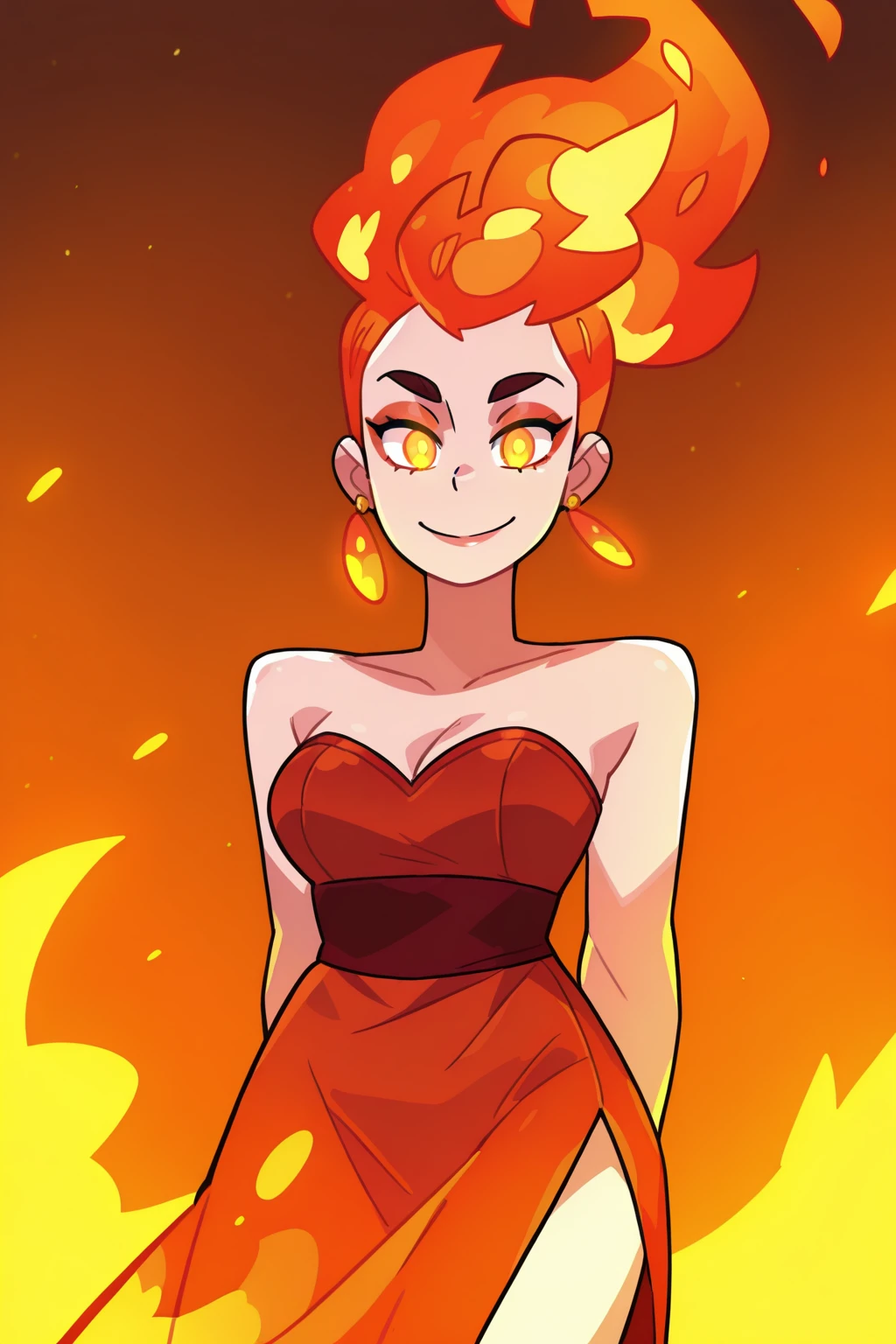 <lora:Monster_Prom:1>, Monster Prom, 1girl, solo, dress, breasts, jewelry, fiery hair, earrings, red dress, long hair, fire, arms behind back, looking at viewer, glowing, smile, floating hair, cleavage, orange theme, strapless, strapless dress, glowing eyes, medium breasts, eyeshadow, side slit