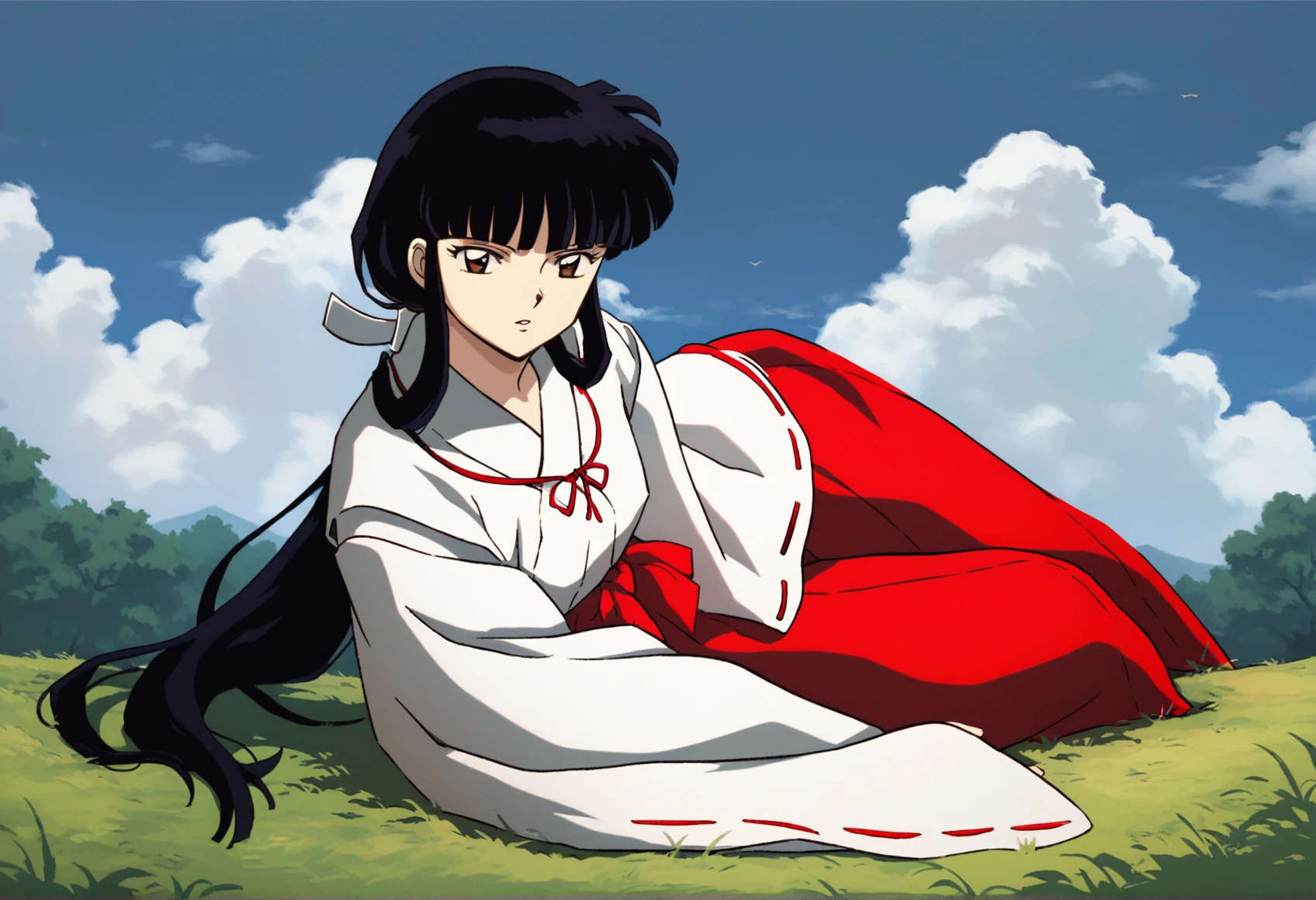 score_9,score_8_up,score_7_up,
<lora:11223kikyo:1>,
oykik,
1girl,solo,black hair,bangs,low ponytail,white scrunchie,
brown eyes,looking at viewer,parted lips,
white robe,red ribbon,red bow tie,red hakama,
on side, 
blue sky,cloud,grass,hill,