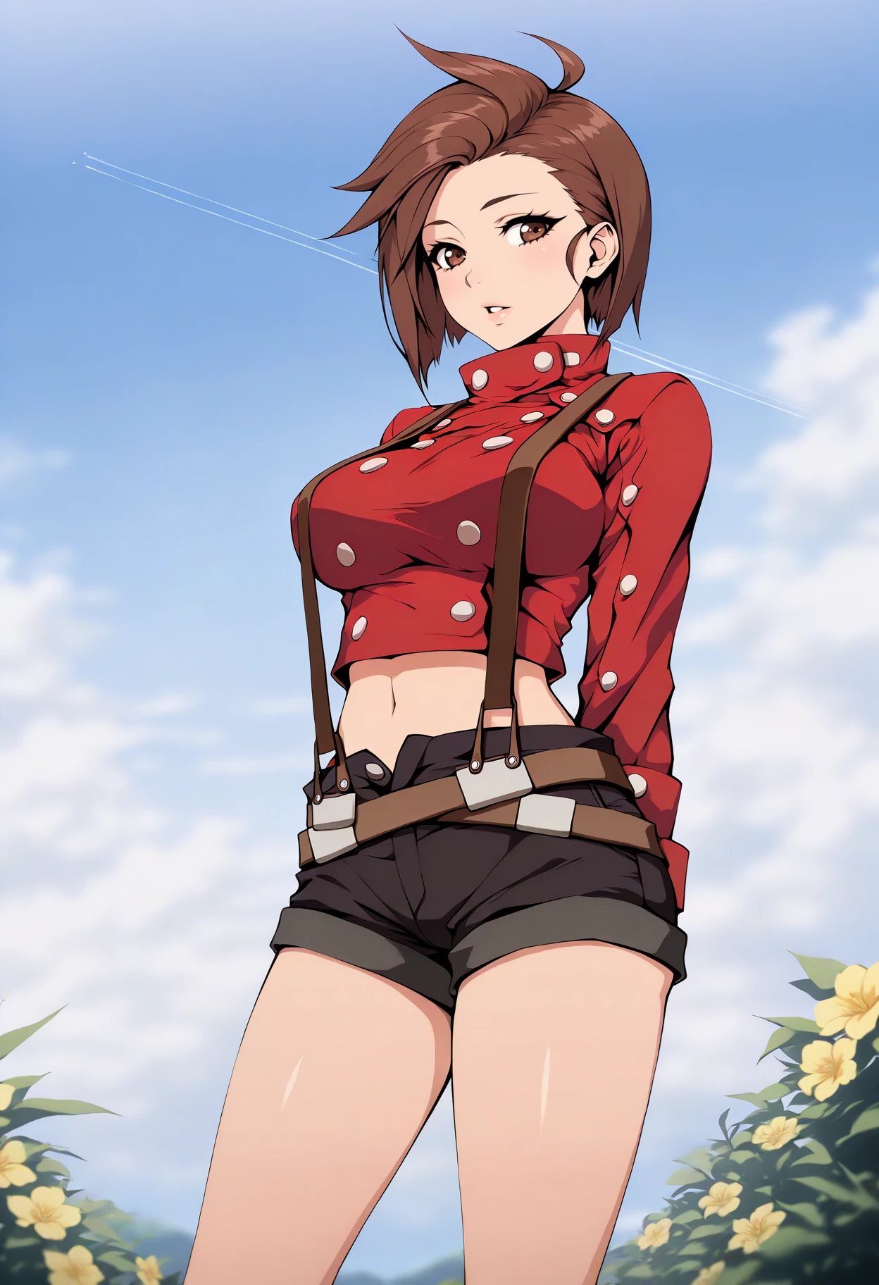 masterpiece, best quality, 1girl, arms behind back, looking at viewer, contrapposto, parted lips, eyelashes, <lora:LloydToS-illu:1> defLloyd, brown hair, short hair, ahoge, brown eyes, red jacket, large breasts, midriff, long sleeves, suspenders, black shorts, short shorts, belt, bare legs, outdoors, flowers, contrail