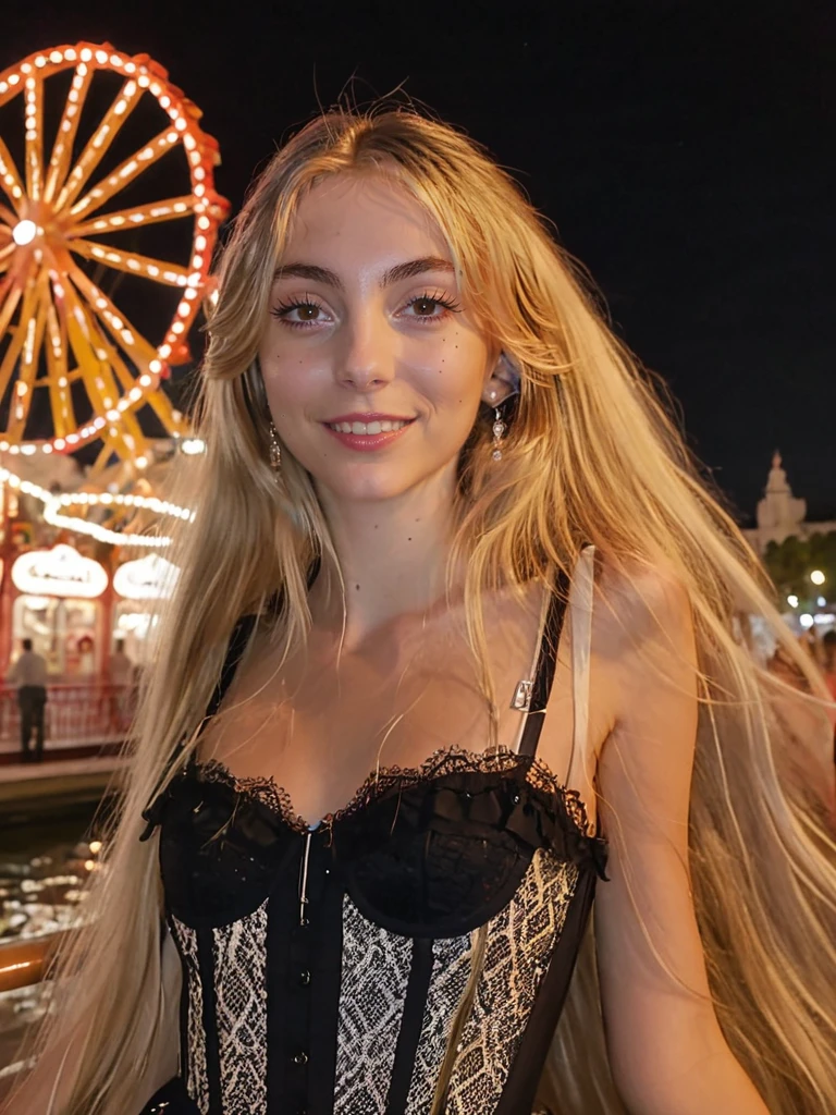 J3SSJ3SSU 1girl, solo, long hair, looking at viewer, smile, blonde hair, London amusement  park in the background, brown eyes, jewelry, closed mouth, earrings, necklace, 1mole, lips, portrait, realistic, 1mole on cheek  (at night) (lacy cleavage) (skinny:1.3) (navel exposed) (midriff)  (very tiny waist)  (hands behind her back) <lora:J3SSJ3SSU_last:1>, night photography, nocturnal beauty, city lights, starry skies, celestial wonders, moonlit landscapes, urban glow, capturing the essence of darkness, ethereal atmosphere, dramatic shadows, magical ambiance, long exposure techniques, expert use of light sources