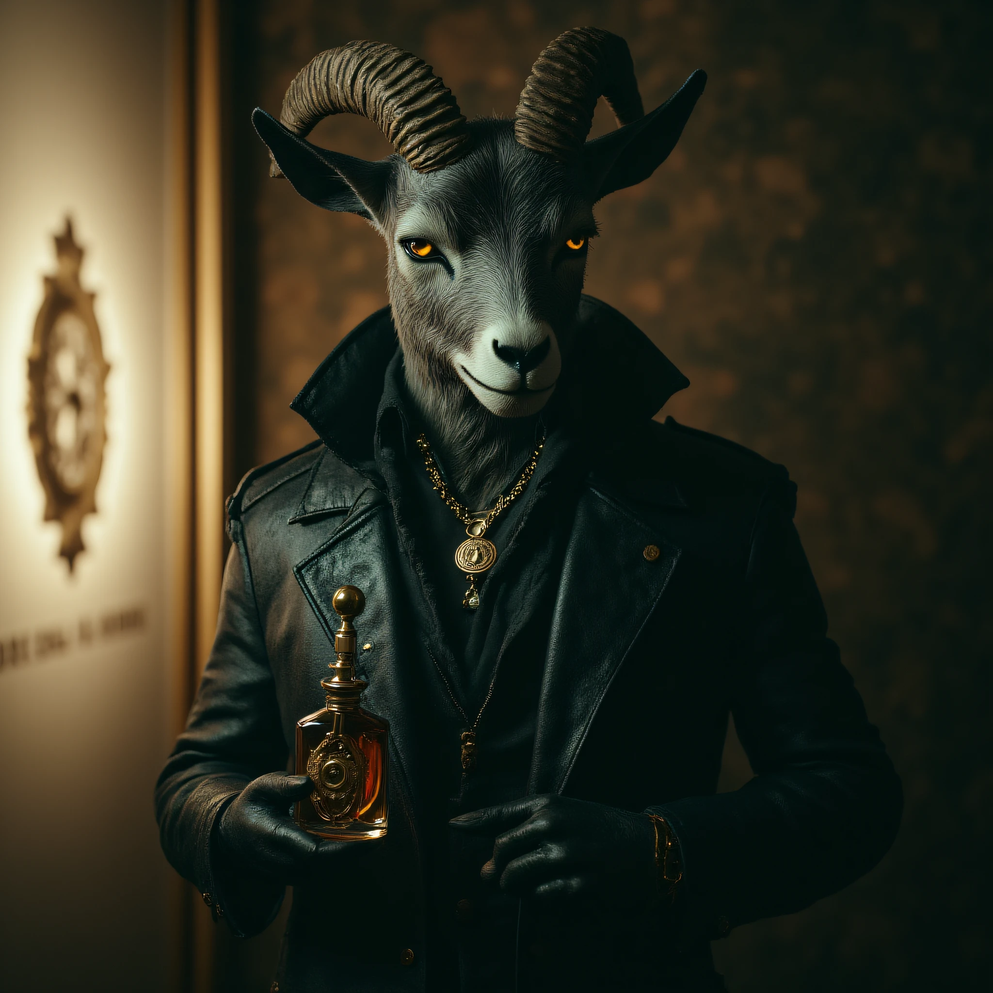 Anthropomorphic, cinematic setting, The image shows a man wearing a goat mask and leather jacket holding a bottle of perfume in his hand. He is standing in front of a wall with a light illuminating him., leather, horns, blurry background, jacket, blurry, leather jacket, holding, black jacket, jewelry, yellow eyes