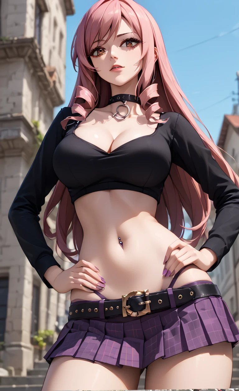 1girl, solo,
score_6, score_7, score_8, score_9,
masterpiece, best quality, highly detailed,
 <lora:Inukai_Isuke_Pony:0.75>, pink hair, long hair, drill hair, brown_eyes, midriff, navel, cleavage, black croptop, long sleeves, purple skirt, low_rise skirt, belt,choker, 
sexy_pose, hands on hips, shot from below, ((skimpy)), 
<lora:Fully_Exposed_Stomach:0.75>, FullyExposedStomach, midriff, navel,
 <lora:lowleg_v0.4-pony:0.75> lowleg microskirt, (toned_body:0.8), navel piercing, underwear, nsfw, busty,
outdoor,  upper_body, thighs,