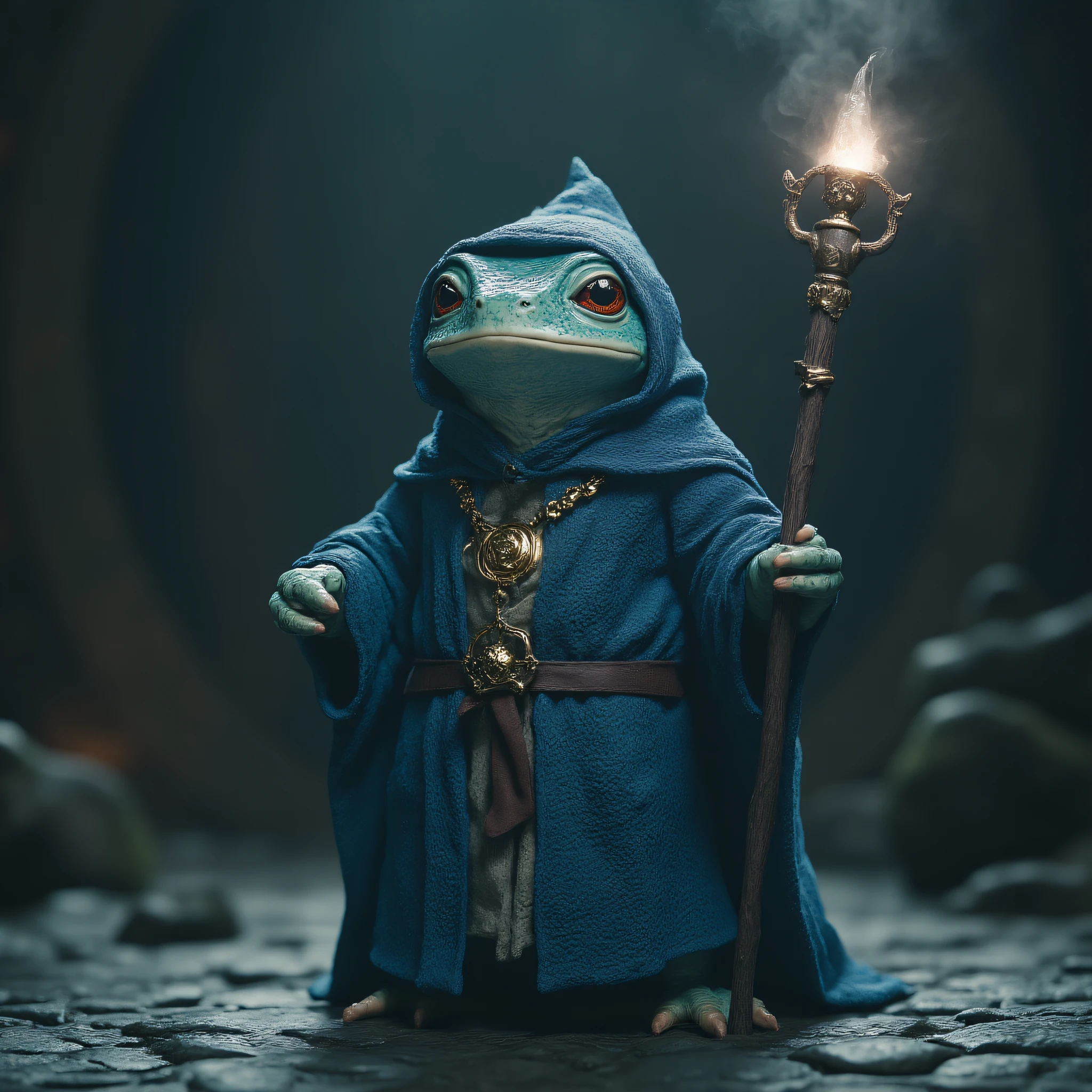 Anthropomorphic, cinematic setting, The image shows a frog dressed in a blue robe holding a wand in its hand standing in front of a blurred background., staff, holding, solo, hood, holding staff, robe, cloak, blurry, male focus, standing