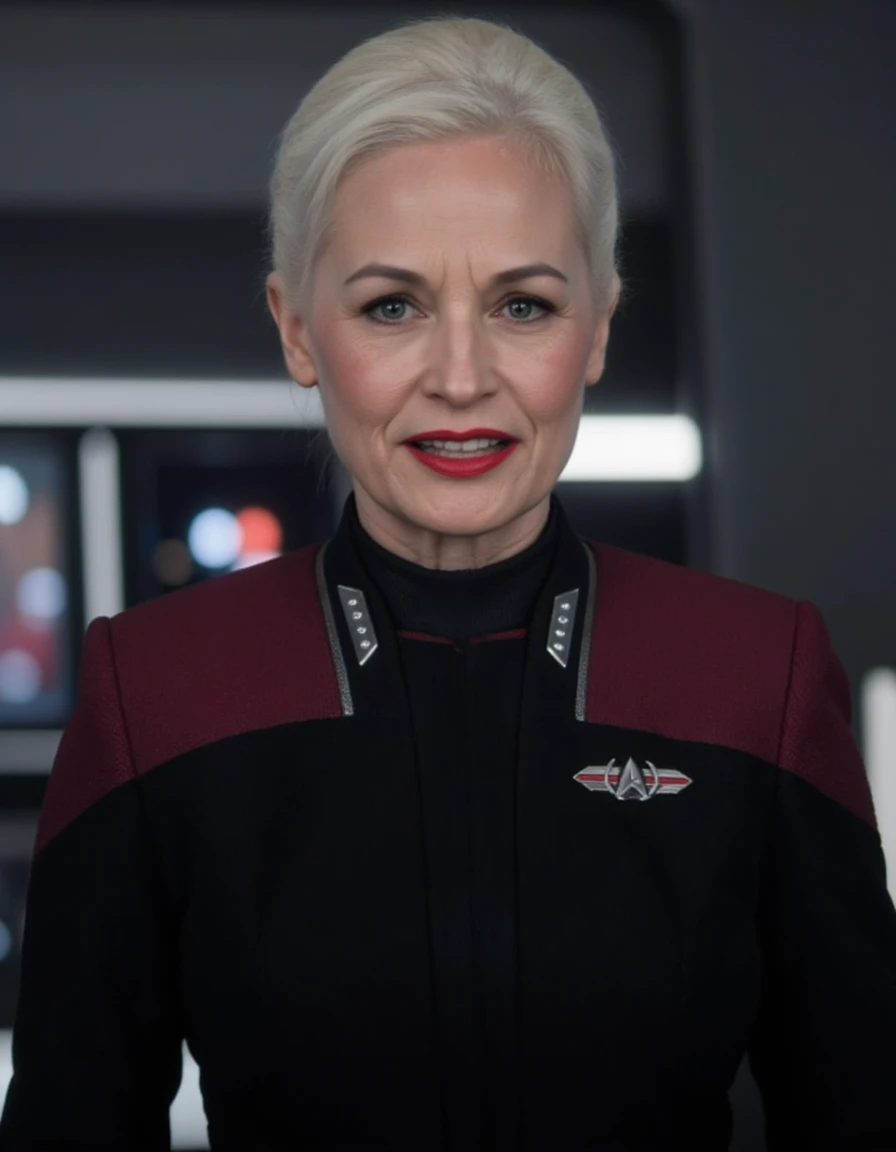 photo realistic,  LizShelby woman with grey hair wearing star trek uniform with red top with star trek badge, full shot, full body <lora:LizShelby_PIC_Flux_v1:1.3>