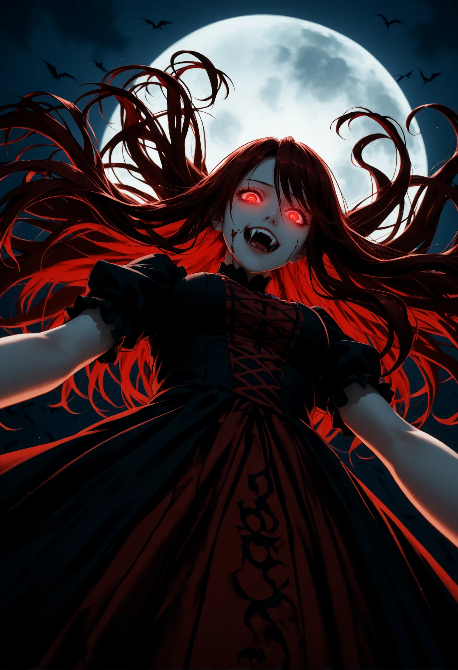 dark, 1girl,overlord \(maruyama\),shalltear bloodfallen,original,floating hair,dress,gesugao,from below,looking down,glowing eyes,red eyes,backlighting,night,dark,moon,blood,fangs,red theme,perspective,