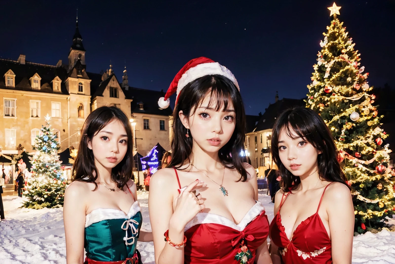 (3girls:1.5), (masterpiece:1.4), (best quality:1.4), beautiful, detailed eyes, extremely detailed, feminine features, perfect body, very detailed face, Depth of field, extremely detailed CG, 8k, wallpaper, detailed background, clear face, shiny skin, beautiful face, (esp. of a woman), a tall figure, BREAK (from front, Far-reaching, cowboy shot, medium tits, waist, standing, dynamic posing, looking at viewer:1.3), (brown hair, medium hair, bangs, ecstasy, bright eyes:1.2), clavicle, broad shoulder, bracelet, ear pendants, necklace, jewelry, hair ornament, (ah1, perfect fingers), <lora:InstantPhotoX3:0.4>, BREAK (sexysanta, santa cap:1.2), <lora:SexySanta:0.8>, (MGXMAS, house, castle, christmas, christmas lights, christmas ornaments, christmas tree, neon lights, night, night sky, winter, snow, landscape:1.2), <lora:MGXMAS:0.8>,