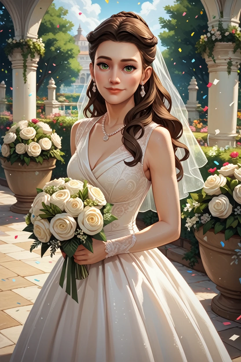 score_9, score_8_up, score_7_up, score_6_up
<lora:GOTMira:0.9>
GOTMira, 1girl, brown hair, long hair, green eyes, looking at viewer, garden, wedding dress, necklace, smile, bouquet, day, confetti, cowboy shot, standing