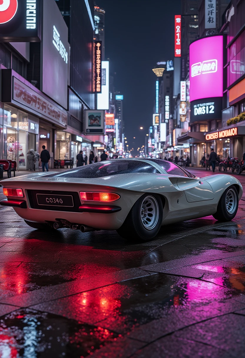 aromeo33, A futuristic sports car parked on a neon-lit street at night, surrounded by glowing city signs and reflections on the wet pavement, cyberpunk aesthetic
