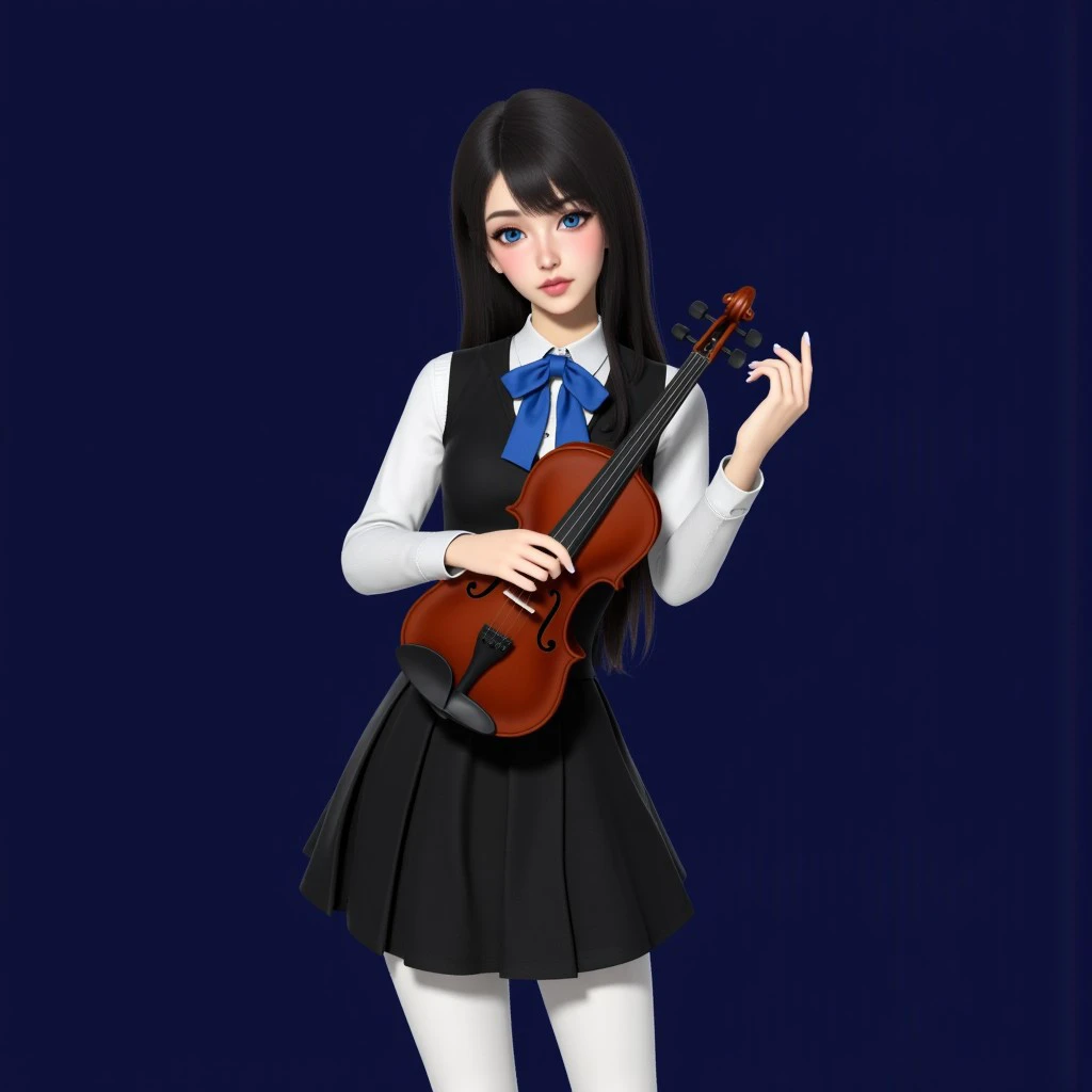 Inzoi style,solo,posing,looking at viewer,holding a violin,portrait,dark blue background,makeup,pink lips,1girl, long hair, black hair, blue eyes, collared shirt, white shirt, black vest, black skirt, blue bowtie, white pantyhose