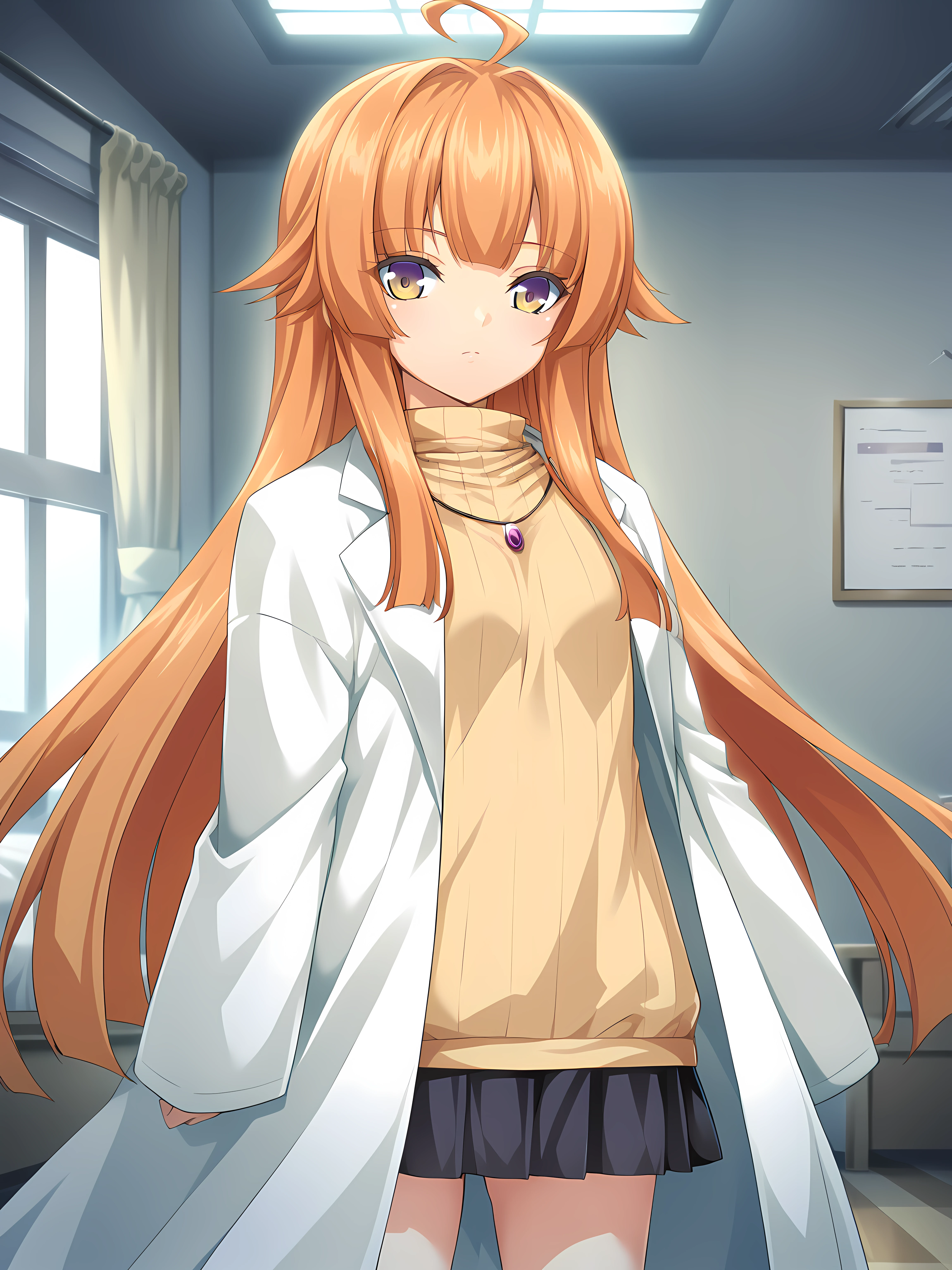 <lora:Yuri_Amakubo_-_ExS-TiA_Flora_-_Kouyoku_Senki_ExS-TiA_-_Lusterise:1>,yuri amakubo,casual yuri,very long hair,labcoat,orange hair,multicolored eyes,yellow eyes,indoors,bedroom,cowboy shot,, score_9, score_8_up, score_7_up,source_anime,(masterpiece),(best quality),(ultra-detailed),(best illustration),(best shadow),(absurdres),(detailed background),(very aesthetic),source_anime