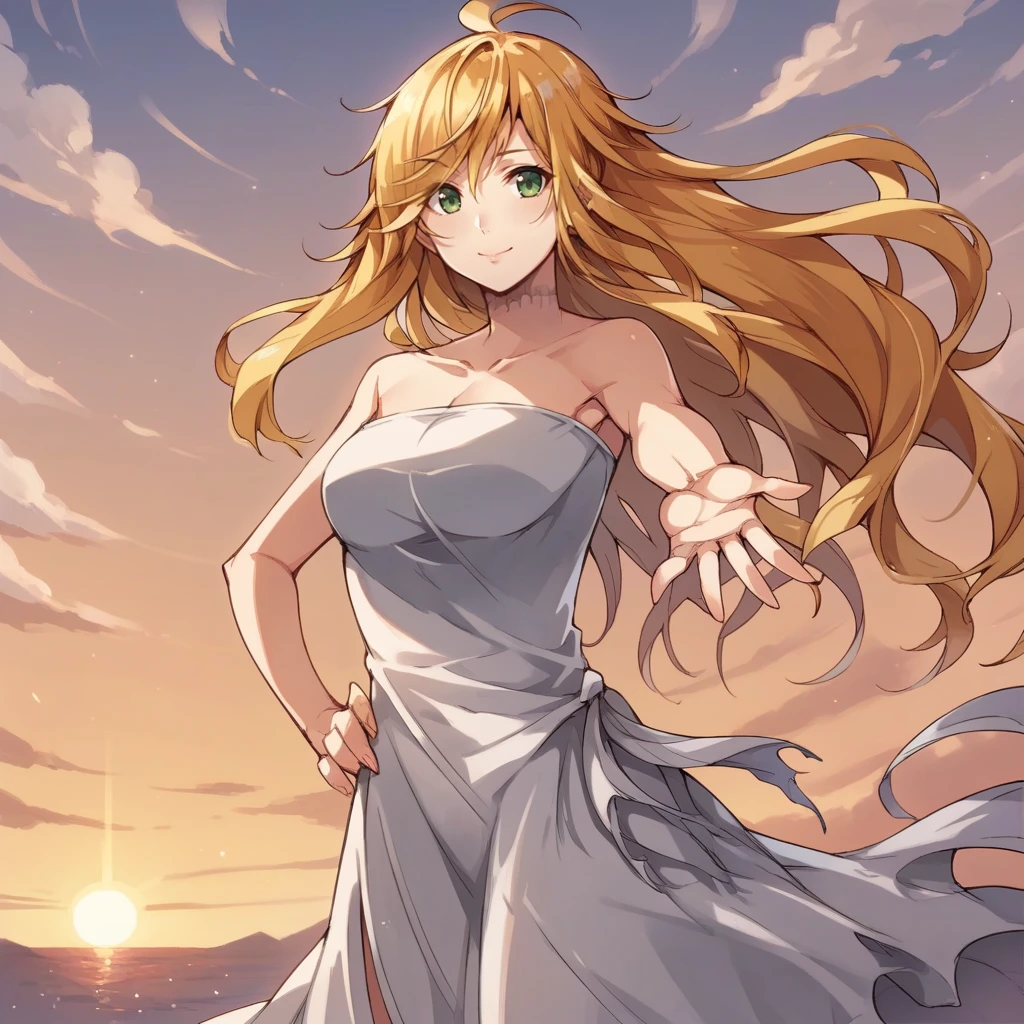 score_9_up, score_8_up, score_7_up, source_anime, 1girl, solo, sun light, clouds, sky, standing, hand on hip, looking at you, smile, Marie, long hair, blonde hair, green eyes, bare shoulders, strapless dress, white dress, scar on neck, collarbone,  mature body, dynamic cowboy shot, 