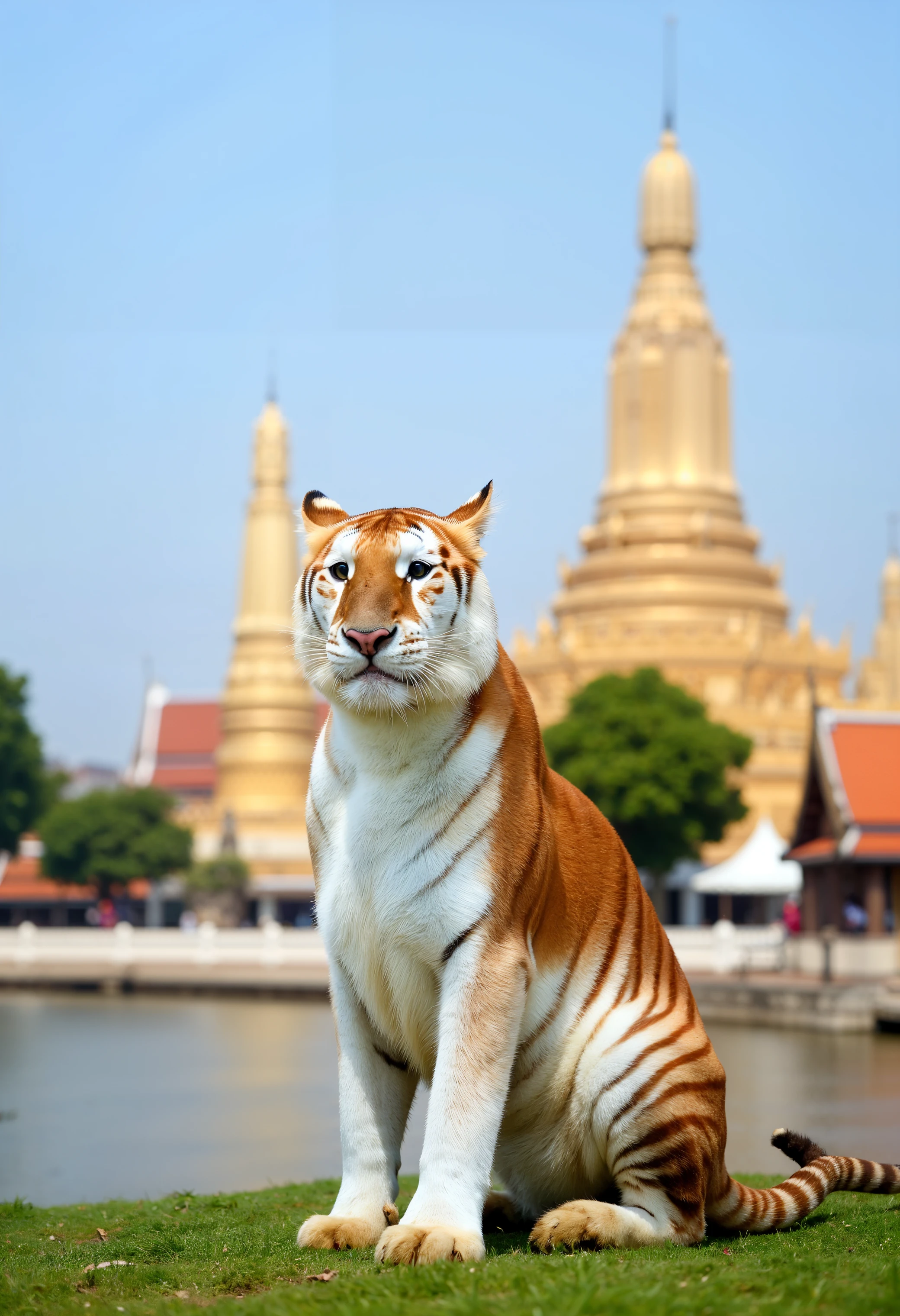 A high-resolution photograph of a pale eva tiger positioned in front of a famous Thai landmark, such as Wat Arun (The Temple of Dawn) in Bangkok, during daylight. The tiger, with its muted golden-orange fur and faded white markings, sits majestically in a relaxed pose on a grassy area near the landmark. The background showcases the iconic spires of Wat Arun, bright and vivid under a clear blue sky, with the Chao Phraya River flowing gently nearby. The sunlight softly illuminates the tiger's pale fur and the intricate architectural details of the temple, creating a subtle and harmonious composition that blends the gentleness of the tiger with the cultural beauty of Thailand.