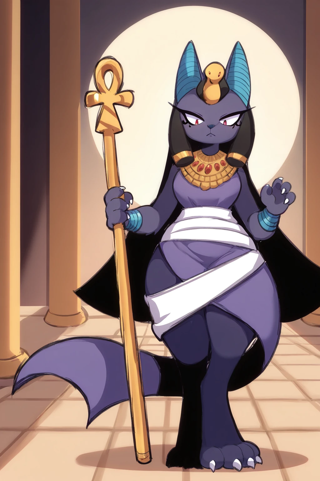 feminine, masterpiece, best quality, newest, absurdres, highres, neferkiti, furry, egyptian, anthro, bandages, jewelry, slit dress, staff, holding object, claws,
BREAK
dynamic background,  <lora:Neferkiti_Fakemon_IL:1>