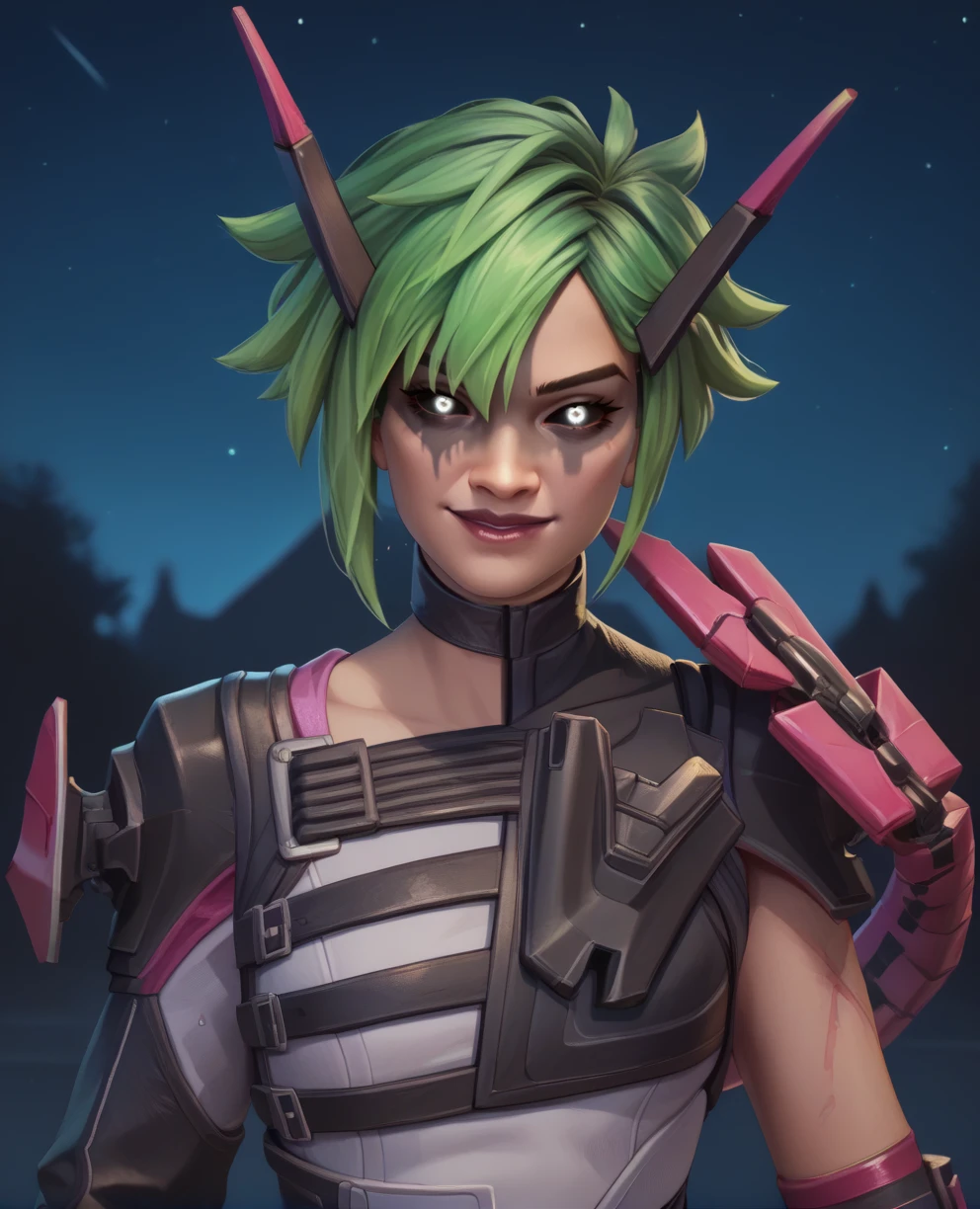 score_9,score_8_up,score_7_up,score_6_up,
alterxl,white eyes,black sclera,green hair,black face paint,short hair,white bodysuit,gloves,clothing cutout,night,smile,
standing,upper body, looking at viewer,
low ponytail,pink mechanical tail,mechanical horns,
<lora:alterxl-apl12v2:0.9>,